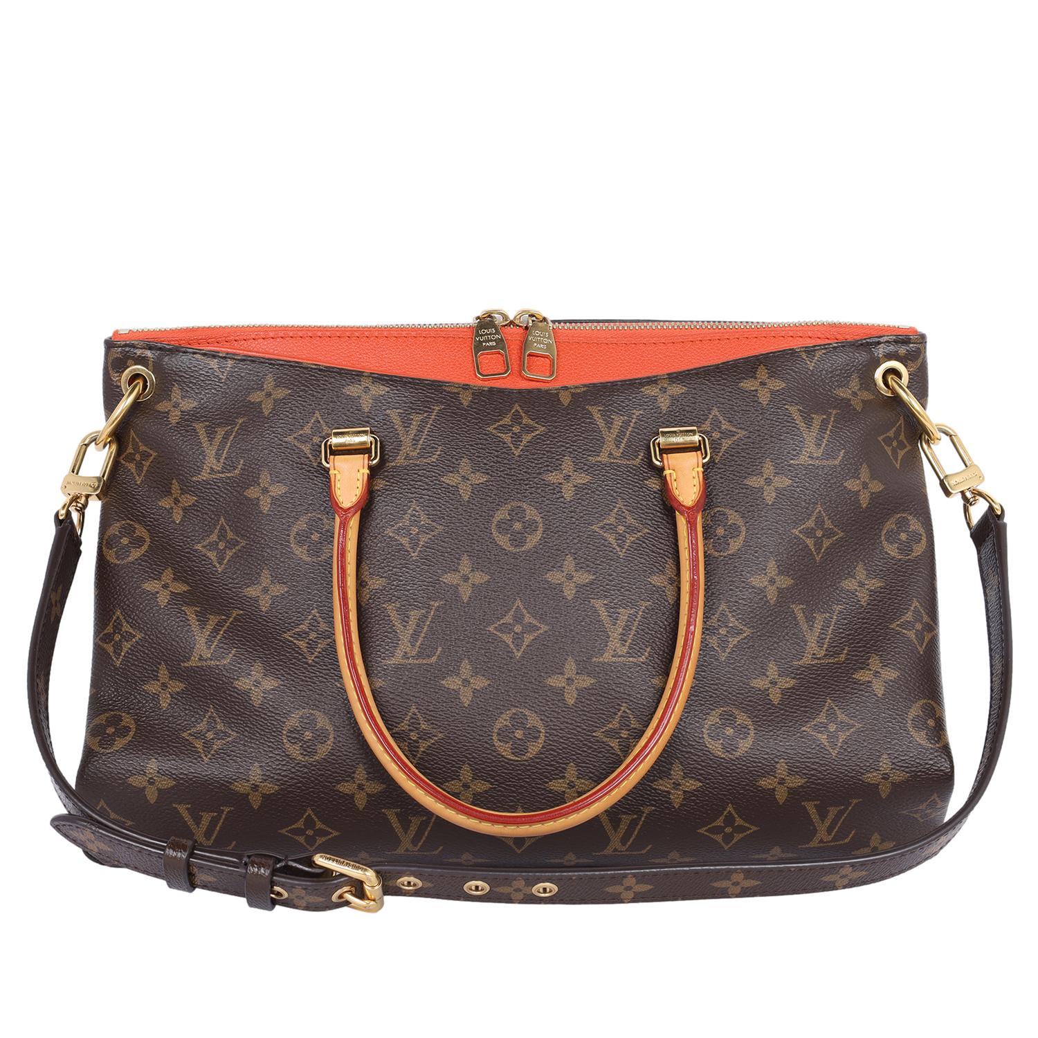 Authentic, pre-loved Louis Vuitton Monogram Pallas with orange leather. Features Louis Vuitton monogram canvas with grained orange calfskin leather top crest. The bag features patch pockets on both side with magnetic snap closures, rolled leather