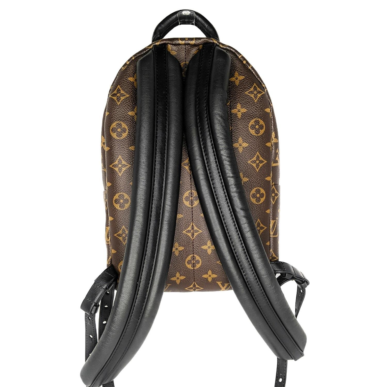 From the 2019 Collection. Brown and tan Monogram coated canvas Louis Vuitton Palm Springs Backpack PM with brass hardware, single flat top handle, dual adjustable flat shoulder straps, black leather trim, single exterior zip pouch, black nylon