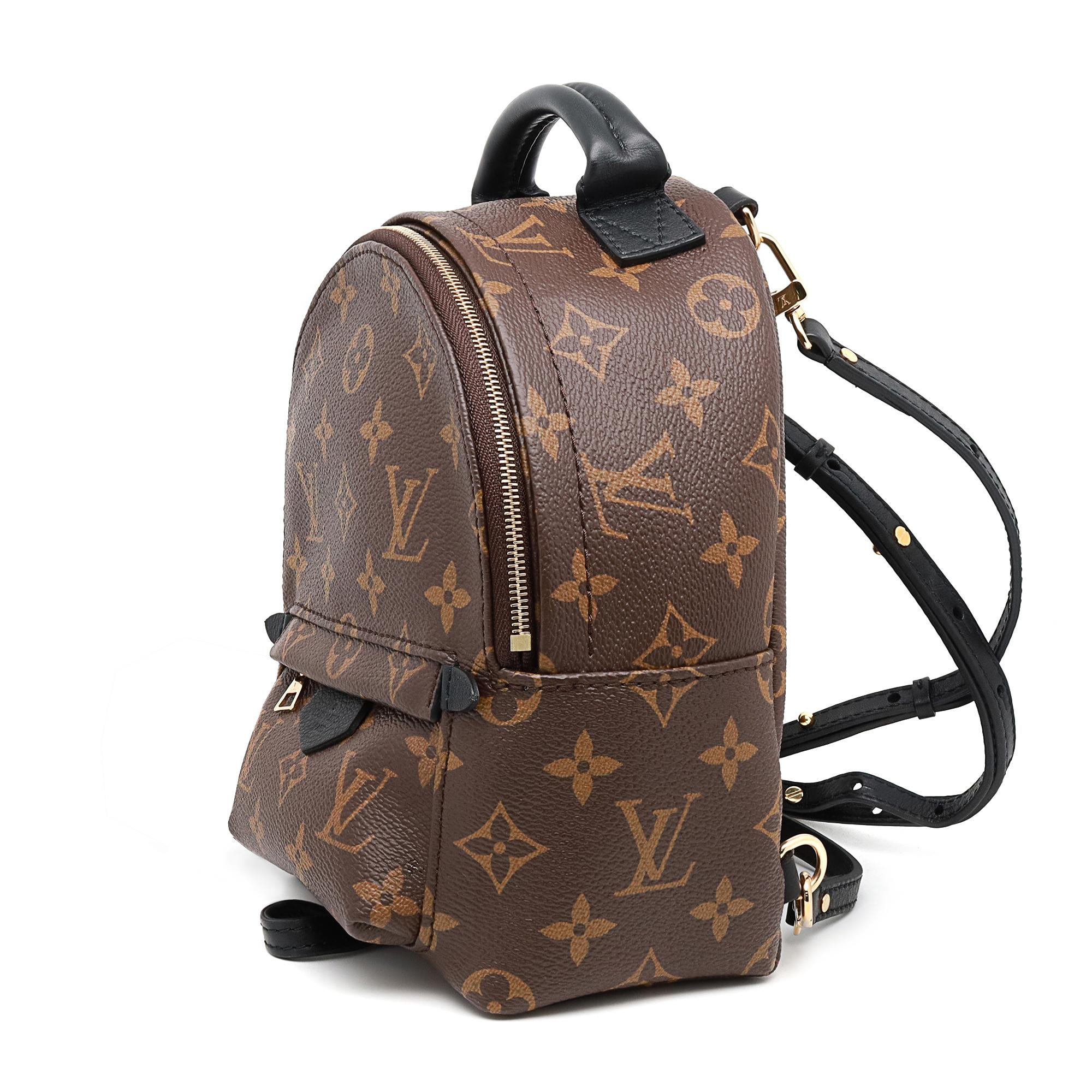 Mini sac à dos Palm Springs Monogram de Louis Vuitton. Toile marron enduite d'un monogramme, garniture en cuir de veau noir et poche frontale zippée. Le sac à dos est renforcé par du cuir de vachette résistant, comprenant une poignée et des