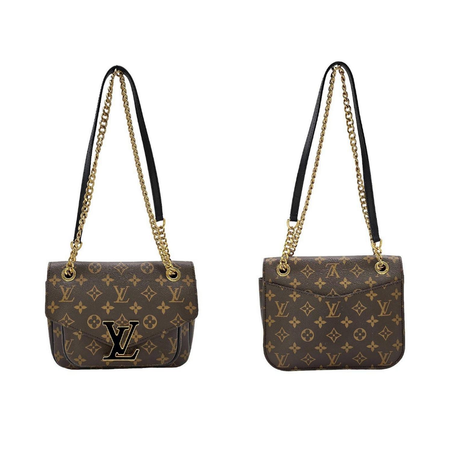 Indulge in luxury with the Louis Vuitton Monogram Passy Crossbody Bag. Crafted from durable Monogrammed coated canvas, its elegant design features a frontal LV Monogram Emblem magnetic closure. With dual shoulder straps, including one chain and one