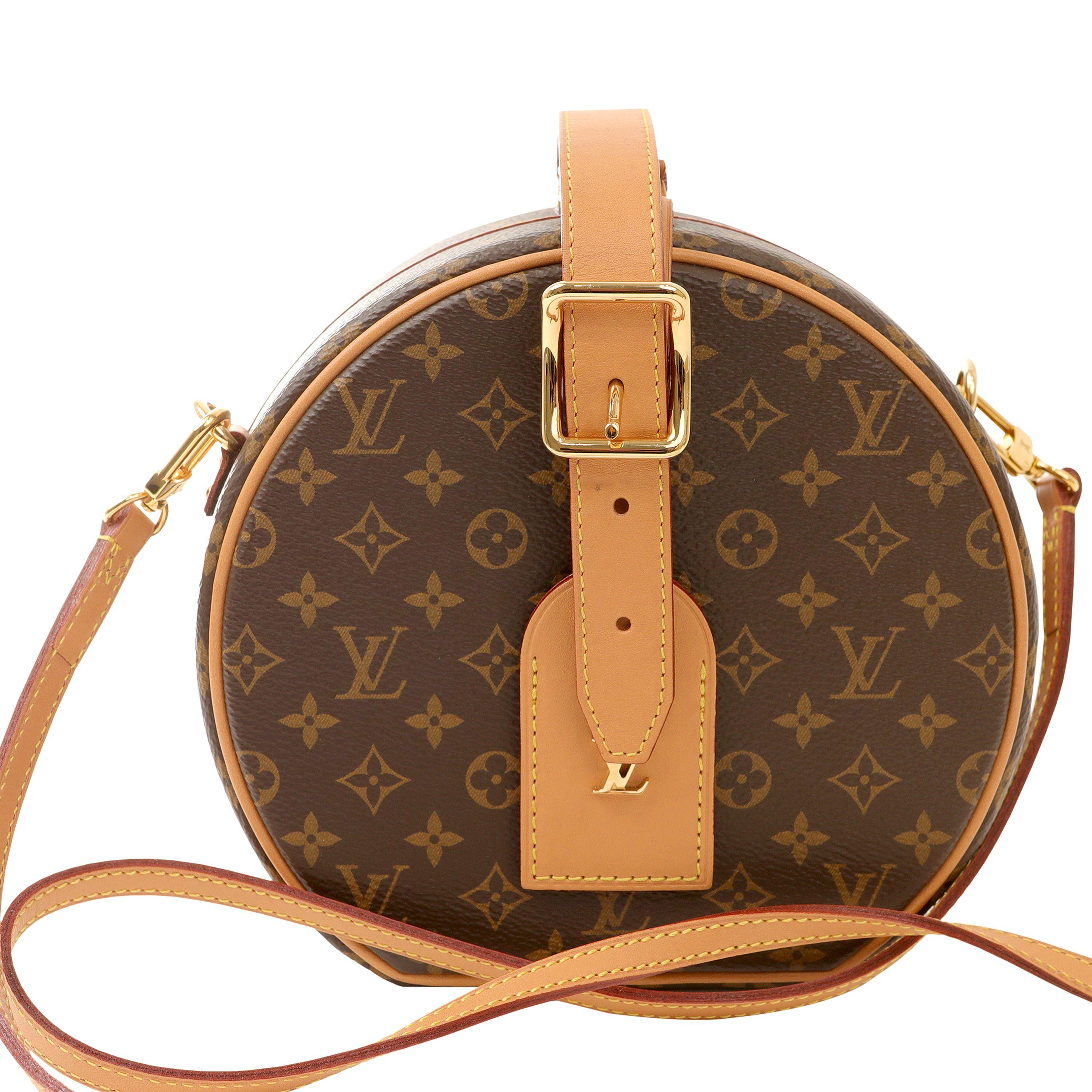 This authentic Louis Vuitton Monogram Petite Boite Chapeau Crossbody Bag is pristine, appearing never before carried.  Highly desirable mini style of the classic hard case “hat box” in a round silhouette.  Signature LV brown and tan coated canvas