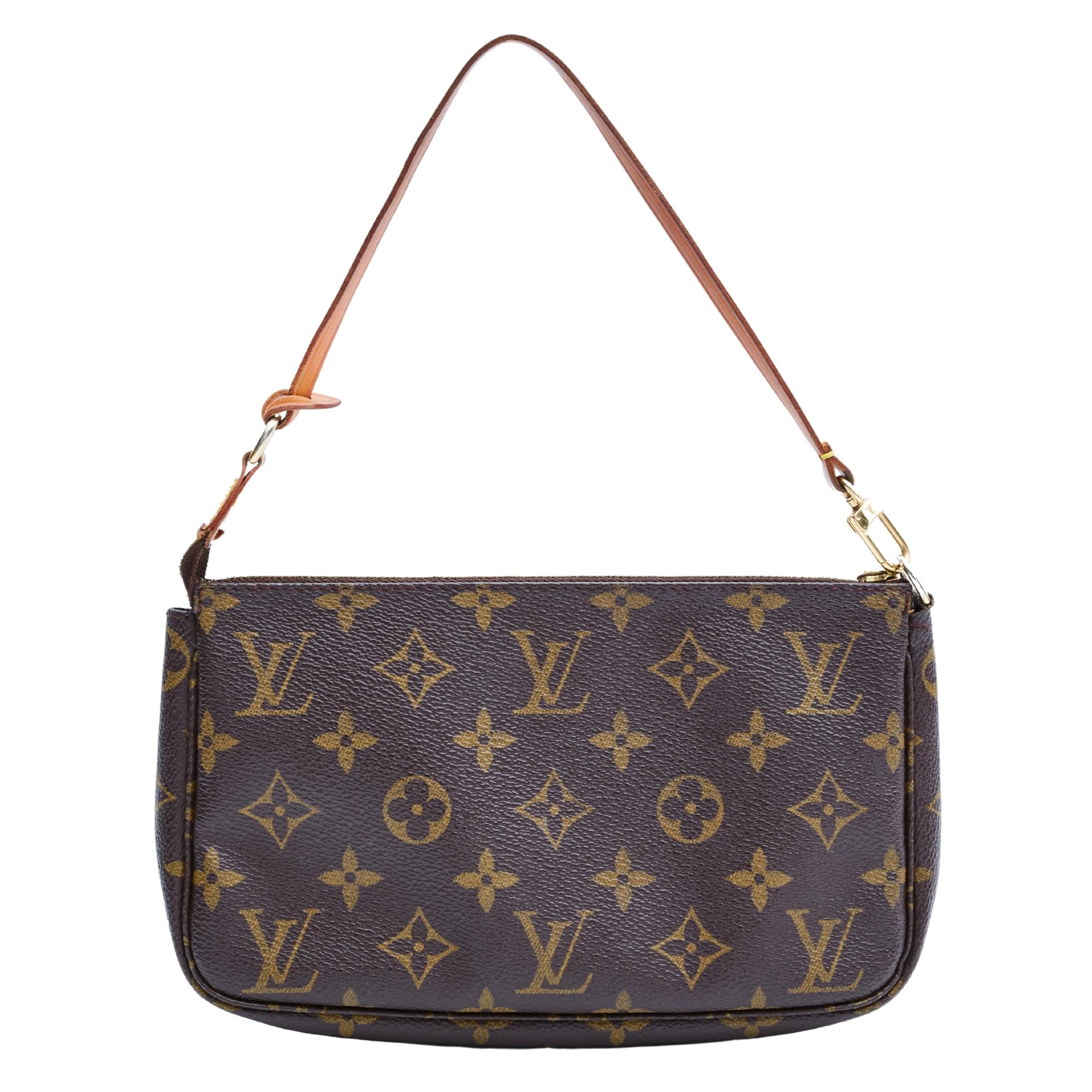 This bag is made with brown canvas with Louis Vuitton's monogram print with leather details. Featuring a leather strap with lobster clamp attachment, top zip closure and brown woven fabric interior lining.

COLOR: Brown
MATERIAL: Coated canvas
DATE