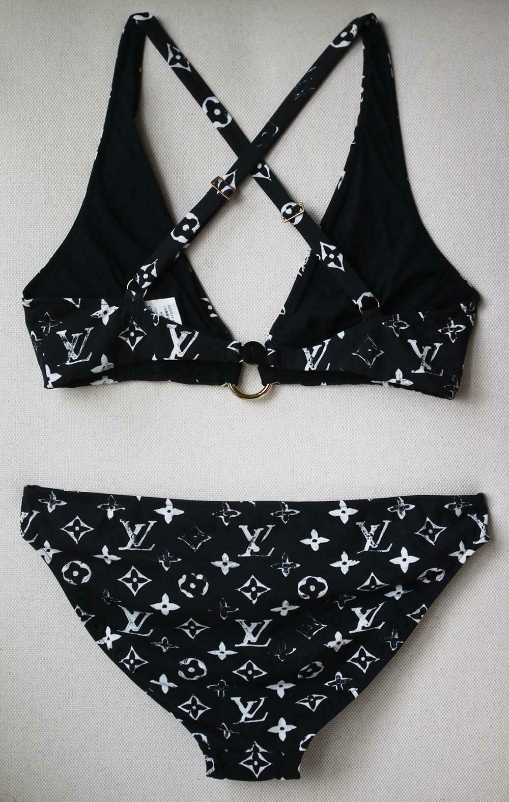 Louis Vuitton's Bikini calls attention to the eye-catching Monogram Flower print. The top's classic triangle with cross-over back. This swimwear bottom is crafted from the stencil effect Monogram. 72% Polyamide, 28% Elasthane. Made in Italy. Hygiene