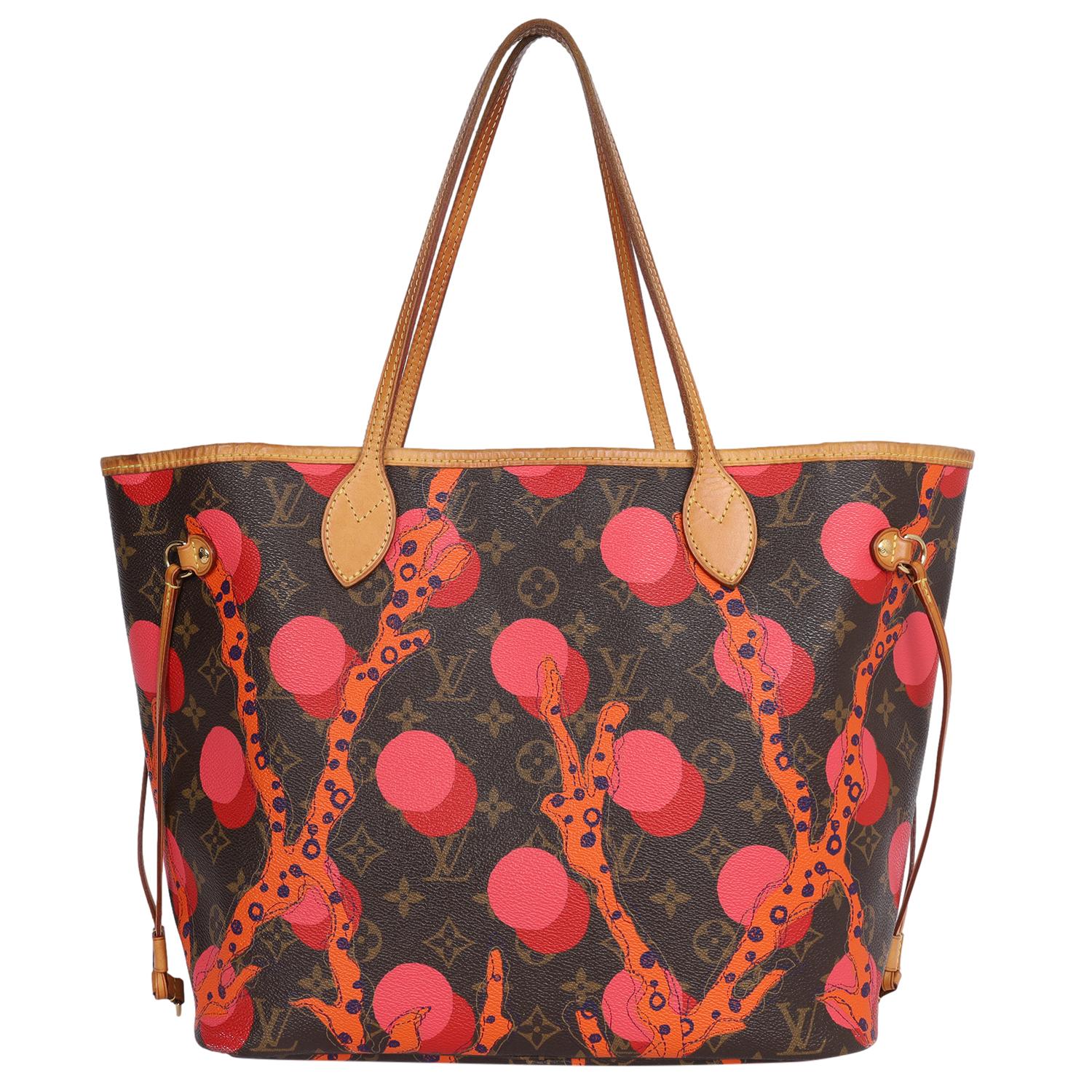 Authentic, pre-owned Louis Vuitton Limited Edition brown multicolor Ramages Neverfull Mm bag. This elegant and classic Limited Edition Louis Vuitton handbag features signature LV Monogram canvas with a fresh, coral polka dots design. Features two