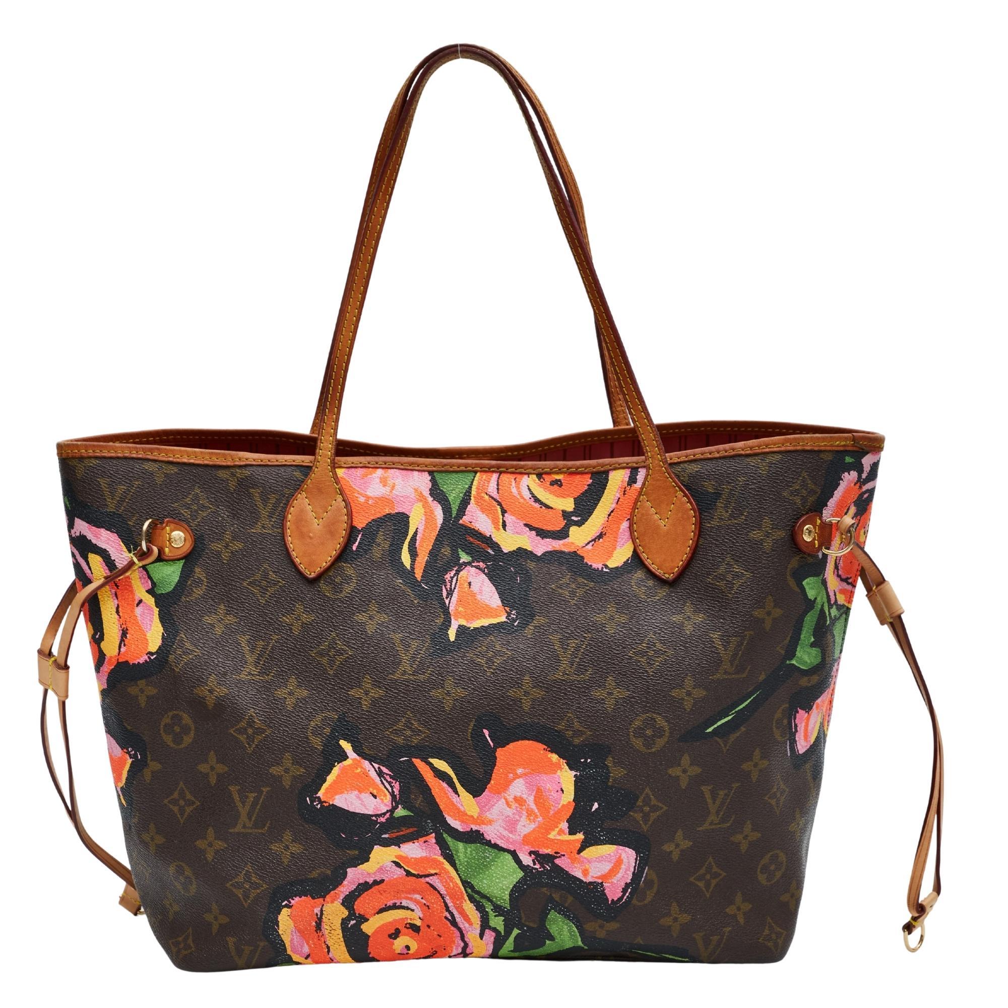 Designed by Stephen Sprouse. Rose print on monogram canvas.

COLOR: Brown with multicolour flowers
MATERIAL: Coated canvas
DATE CODE: VI1067
MEASURES: H 11” x L 16” x D 7”
DROP: 8”
CONDITION: Good - caramel color aged leather with patina, rub marks,