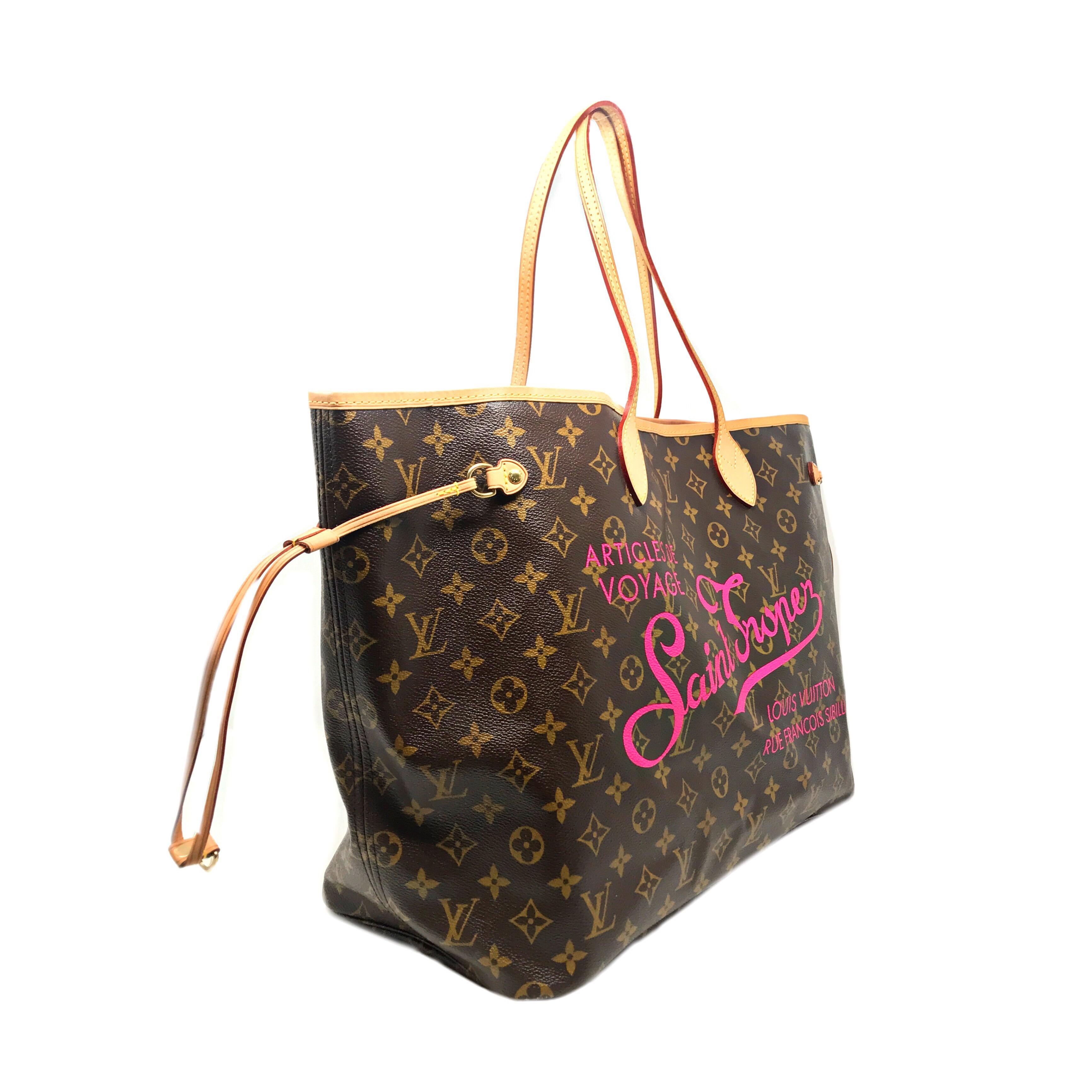 LOUIS VUITTON GM Monogram Saint Tropez Neverfull. This elegant bag is made from the Louis Vuitton monogram on canvas and is large in size. The tote has upper handles with vachetta natural cowhide leather strap, side trims and cords with polished