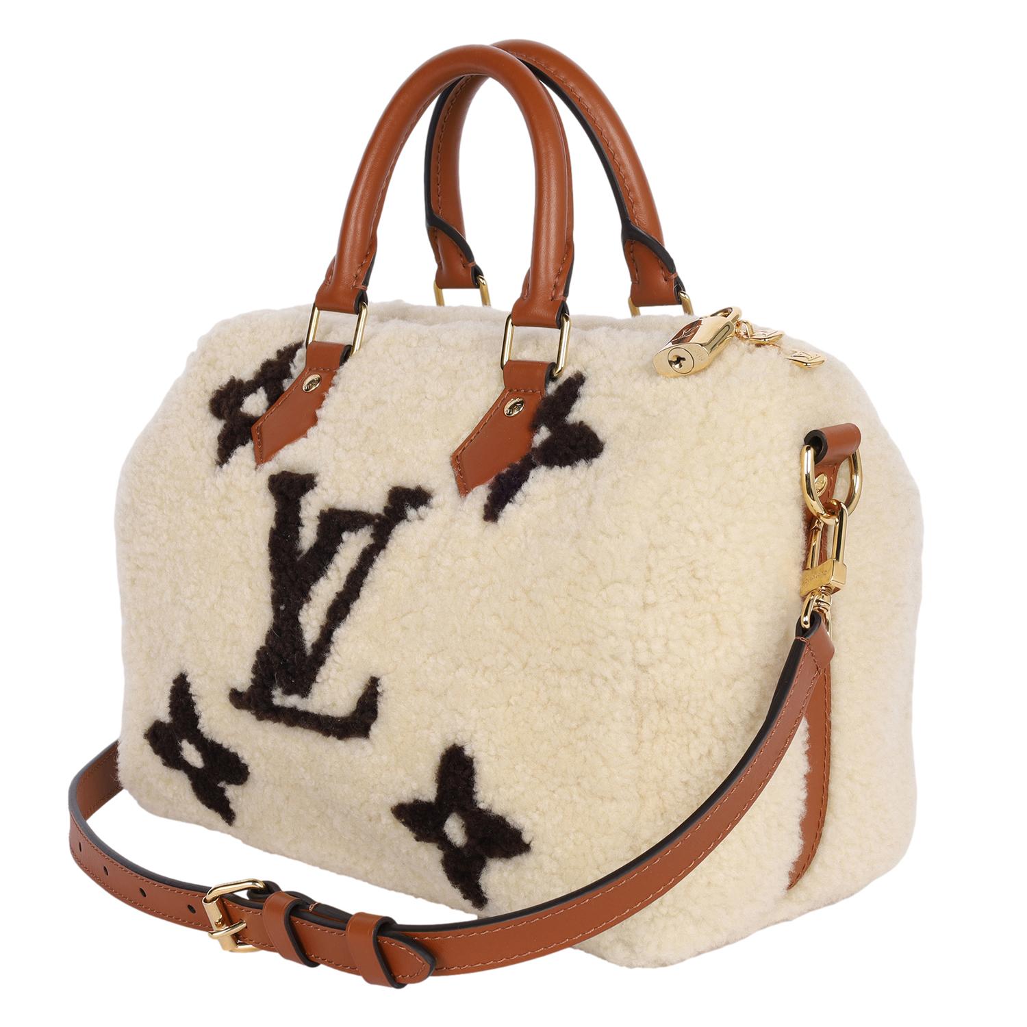 LOUIS VUITTON Monogram Shearling Speedy Bandouliere 25 Cream Brown For Sale 3