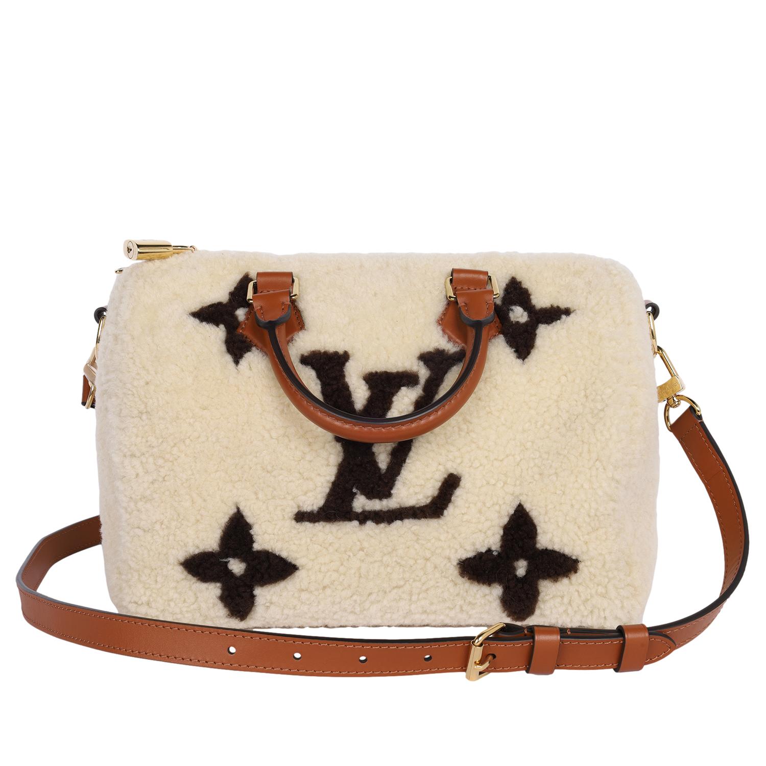 LOUIS VUITTON Monogram Shearling Speedy Bandouliere 25 Cream Brown For Sale 4
