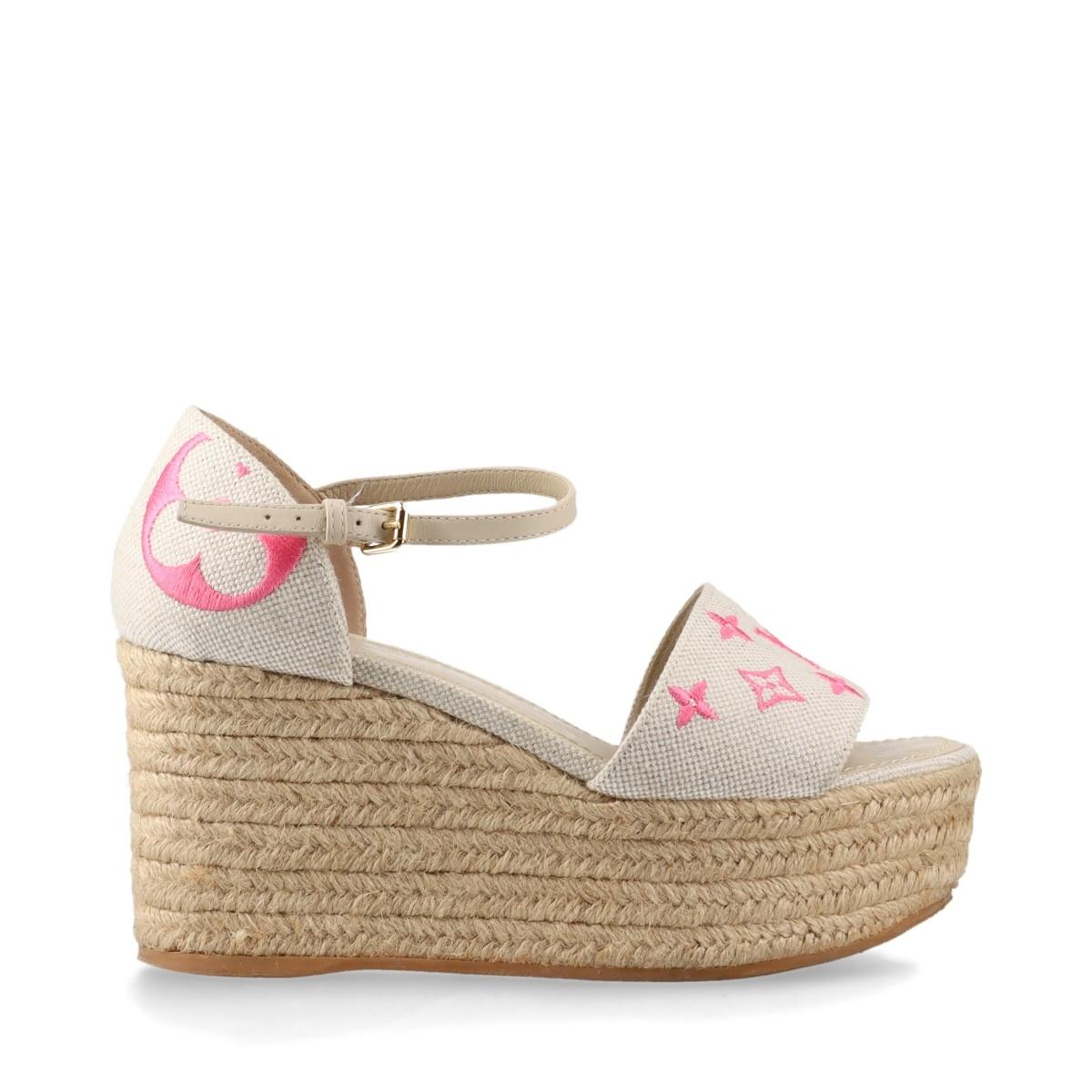 Louis Vuitton Monogrammierte Espadrille-Keilsandalen mit Starboard-Monogramm in Weiß x Rosa im Zustand „Gut“ in Humacao, PR