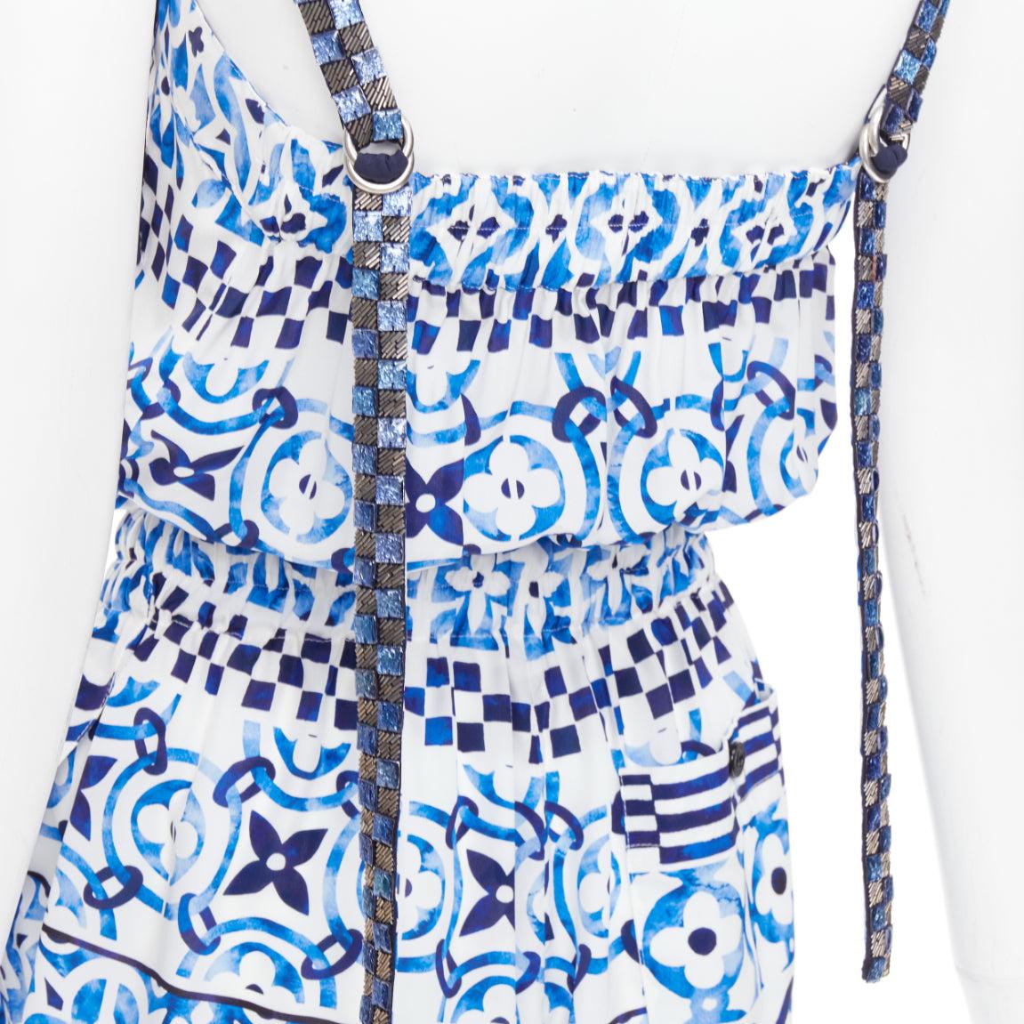 LOUIS VUITTON Monogram Tile 100% seta blu con cinturino in perline FR34 in vendita 2