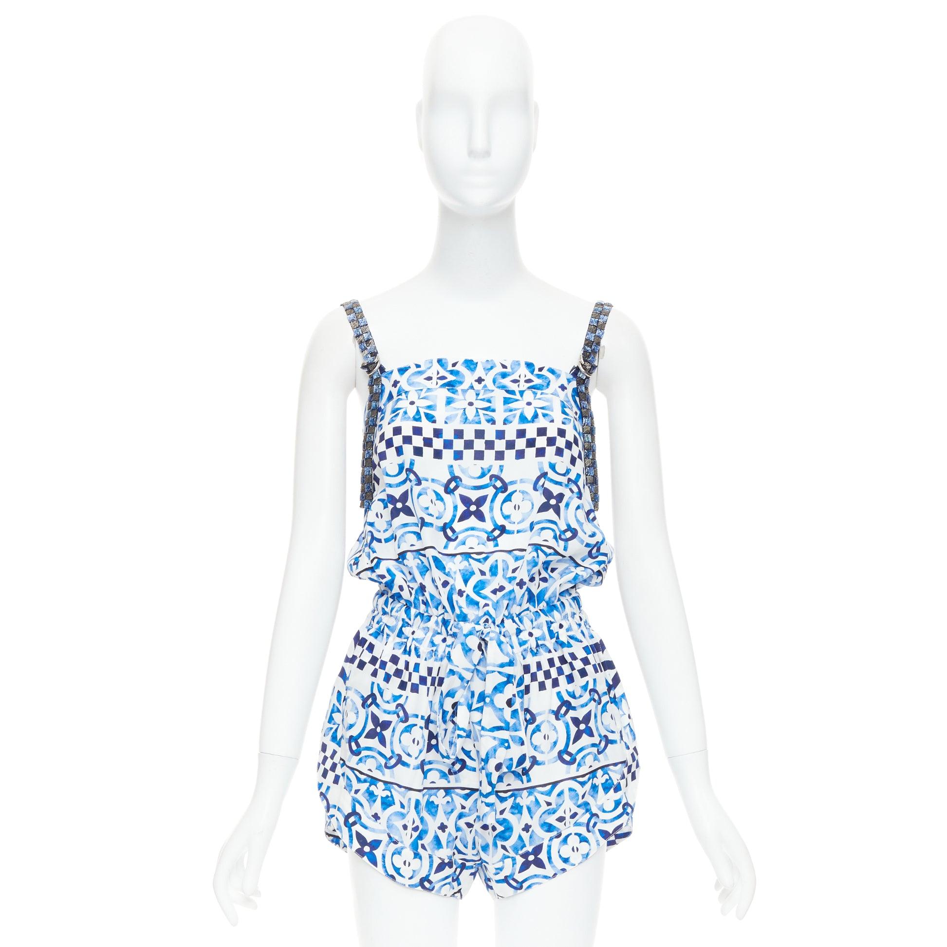 LOUIS VUITTON Monogram Tile 100% seta blu con cinturino in perline FR34 in vendita 4