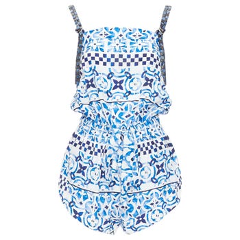 LOUIS VUITTON Monogram Tile 100% silk blue majolica beaded strap playsuit FR34