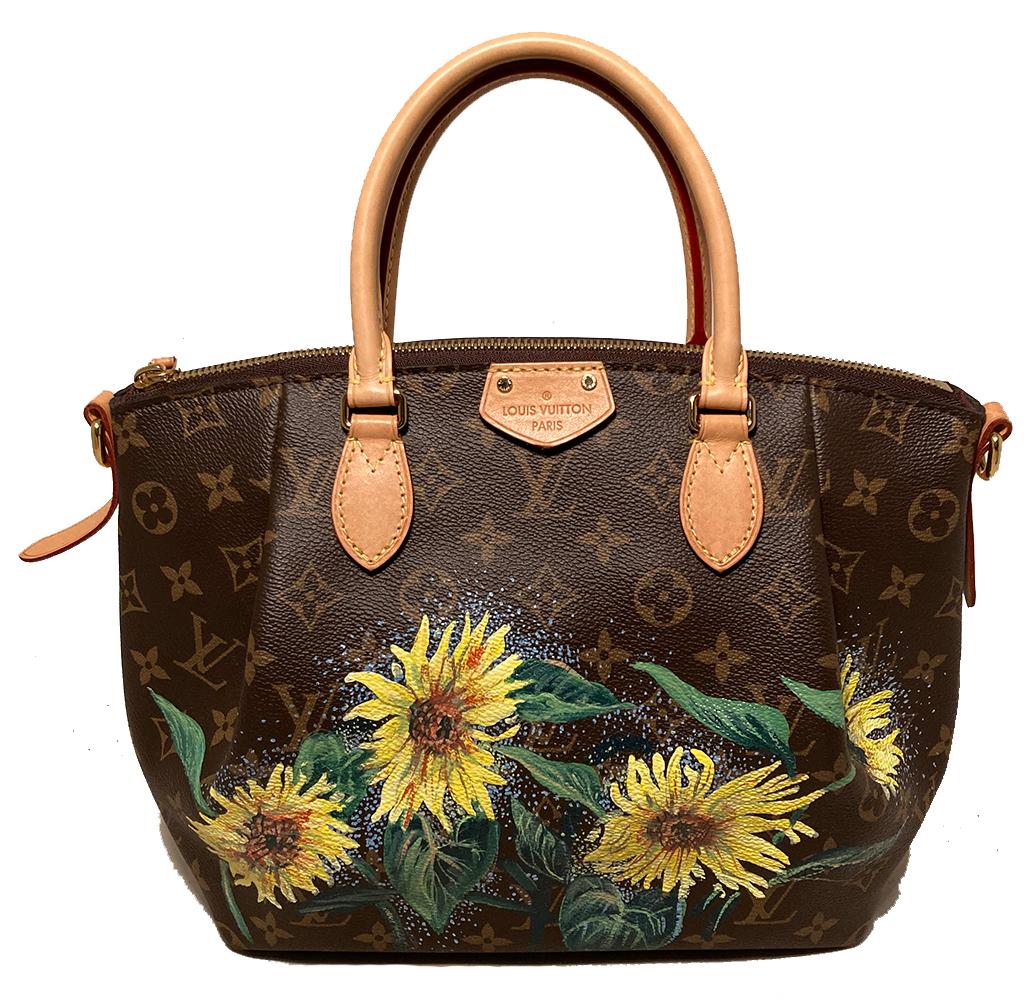 Louis Vuitton Monogram Turenne GM with Hand Painted Sunflowers in excellent condition. Signature monogram canvas exterior trimmed with tan leather, brass hardware and hand painted sunflowers along front and back sides. Front side features 4 painted