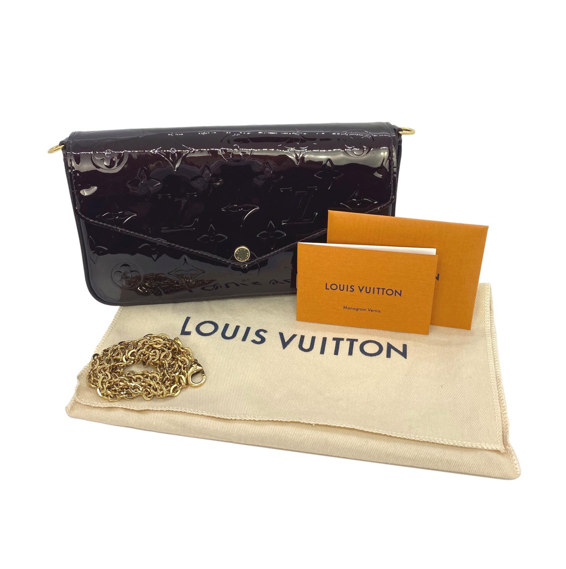 Louis Vuitton Monogram Vernis Amaranth Leather Félicie Pochette, 2019. The Louis Vuitton bag is a classic closet staple, first introduced and inspired by the architect of the Art Deco era of the early 1930's. The Félicie Pochette, introduced as one
