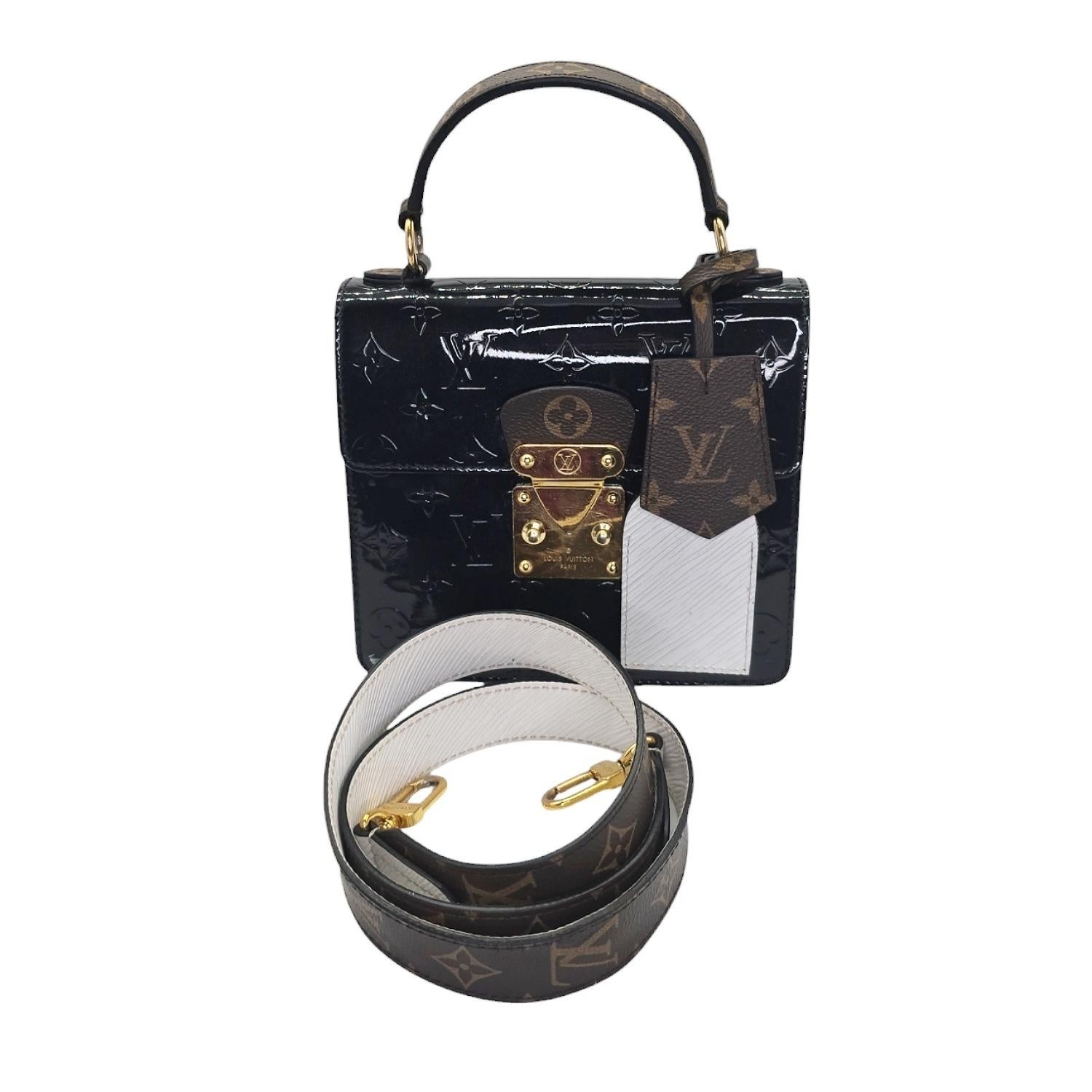 Experience luxury with the Louis Vuitton Monogram Vernis Spring Street NM. Crafted from embossed patent leather, epi leather, and monogram coated canvas, this exclusive bag exudes elegance. The gold S-lock reveals a sumptuous black microfiber