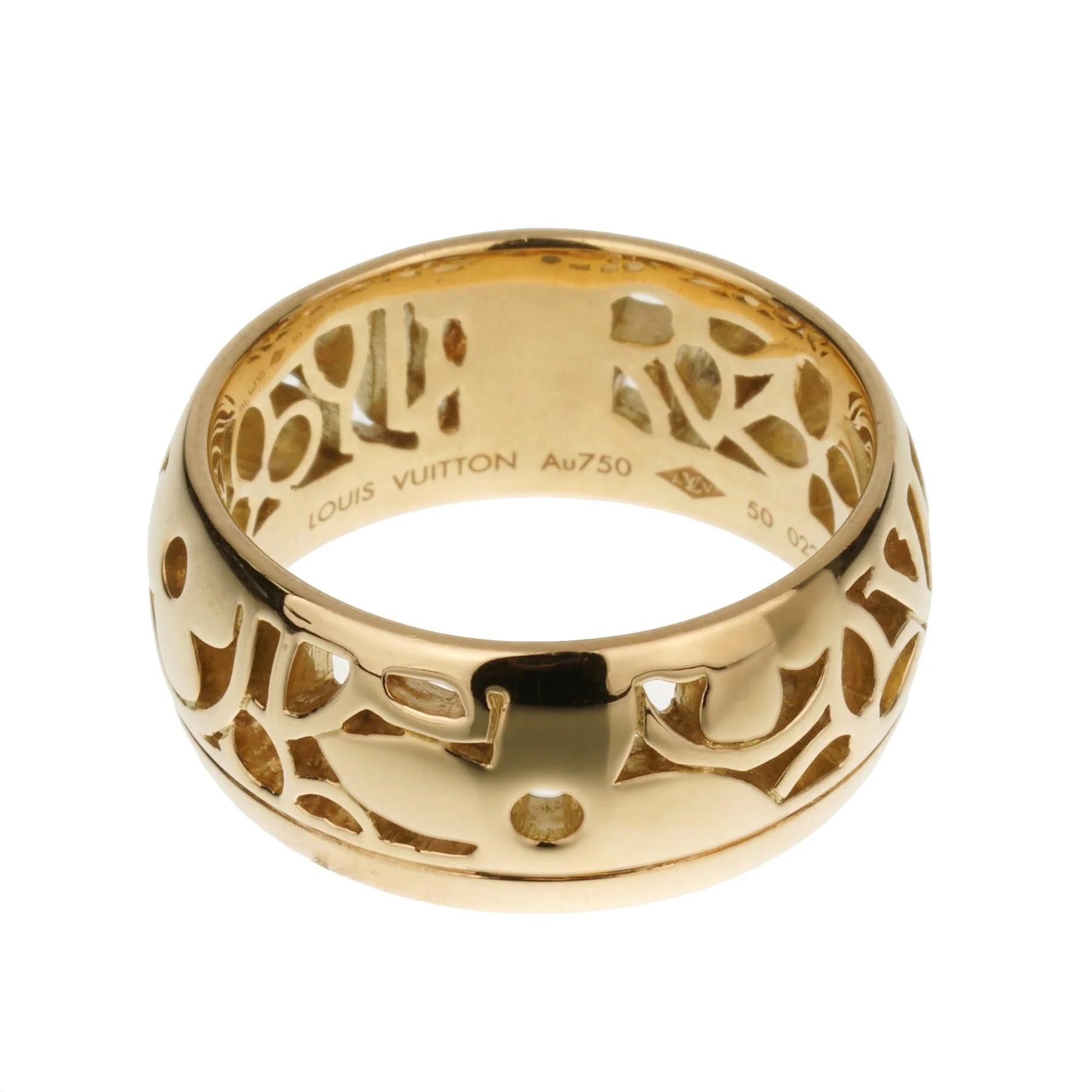 Louis Vuitton Monogram Yellow Gold Cocktail Band Ring Sz 5 In Excellent Condition For Sale In Feasterville, PA