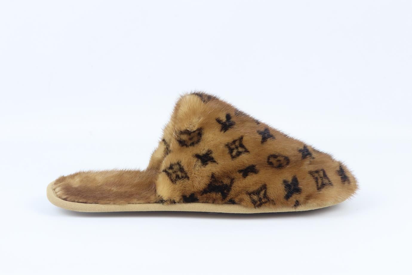 Louis Vuitton monogrammed mink fur slippers. Brown and black. Slip on. Does not come with dustbag or box. Size: EU 38-39 (UK 5-6, US 8-9). Insole: 10.2 in. New without box