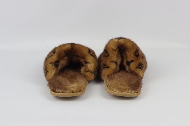 Louis Vuitton Monogrammed Mink Fur Slippers Eu 38-39 Uk 5-6 Us 8-9