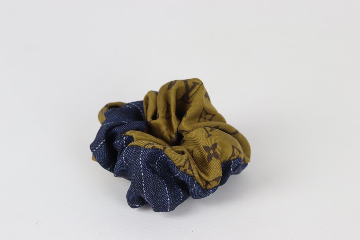 Louis vuitton monogrammed silk hair scrunchie. Brown, tan and navy. Does not come with dustbag or box. Height: 5.1 in. Width: 5.1 in. New without tags