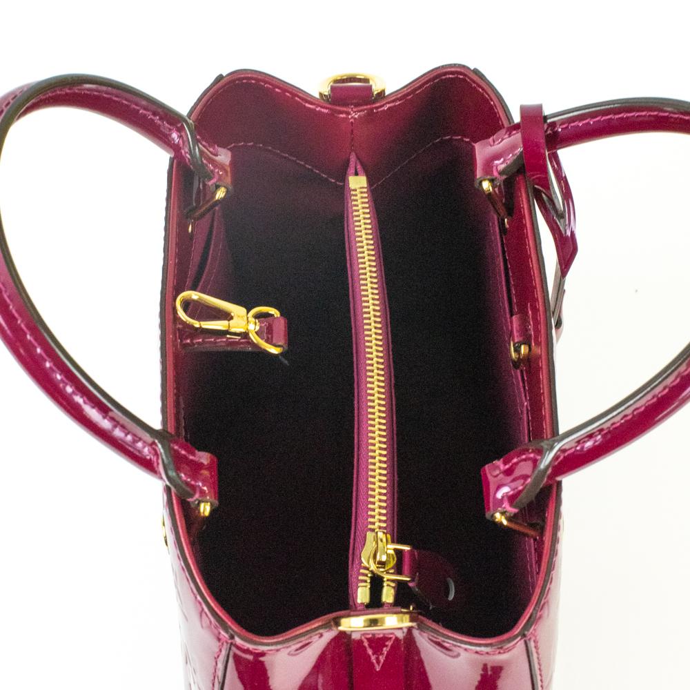 Women's Louis Vuitton, Montaigne BB in burgundy patent leather