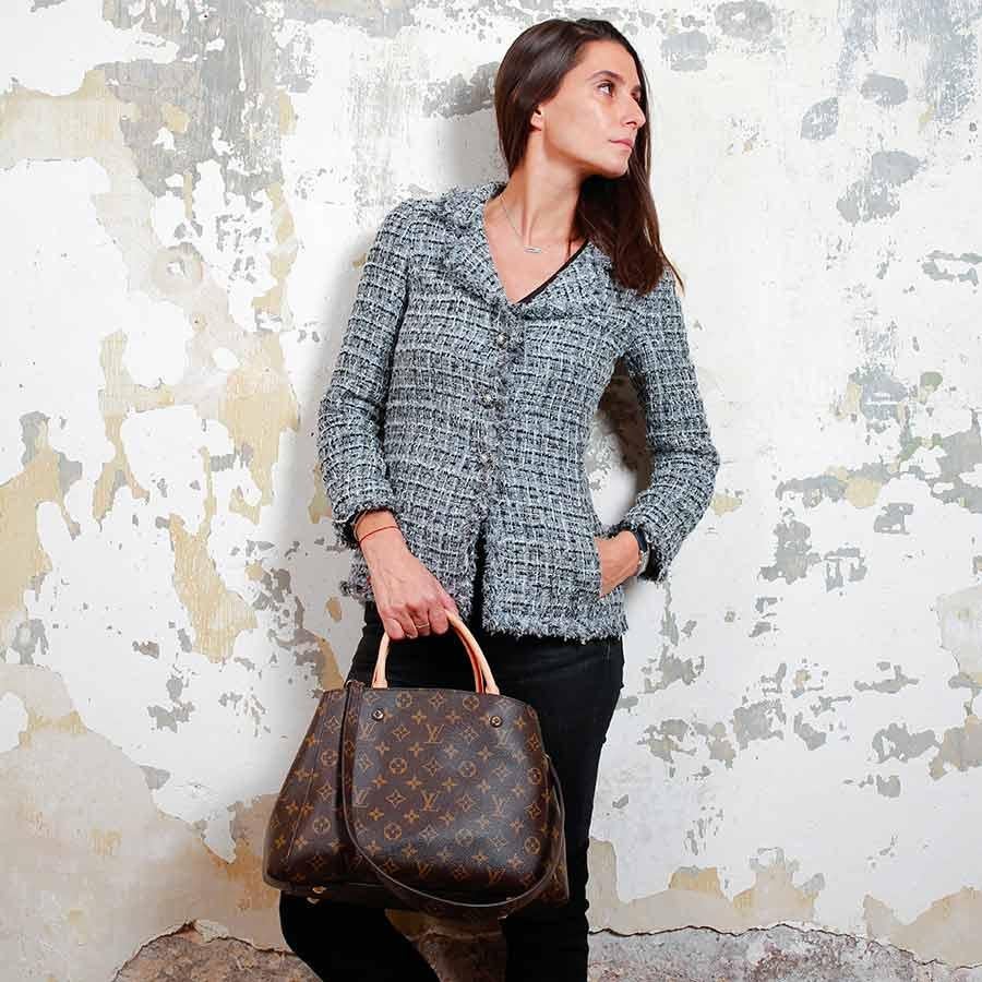 Black LOUIS VUITTON Montaigne Tote Bag in Brown Monogram Canvas and Natural Leather