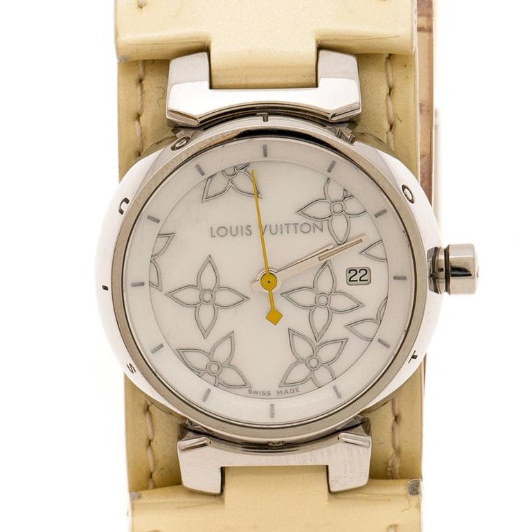 Louis Vuitton Mother Stainless Steel Tambour Q121C Women&#39;s Wristwatch 28 mm For Sale at 1stdibs