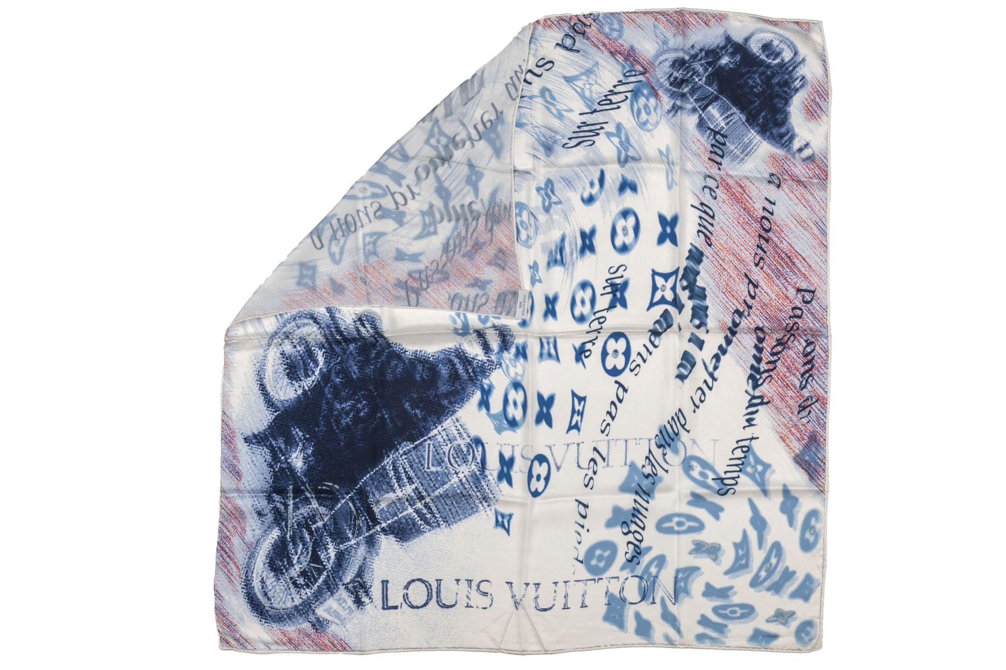 Louis Vuitton Motorcycle Silk Scarf. The pattern features a graffiti of a motorcycle and the LV logos. The item is in excellent condition.
