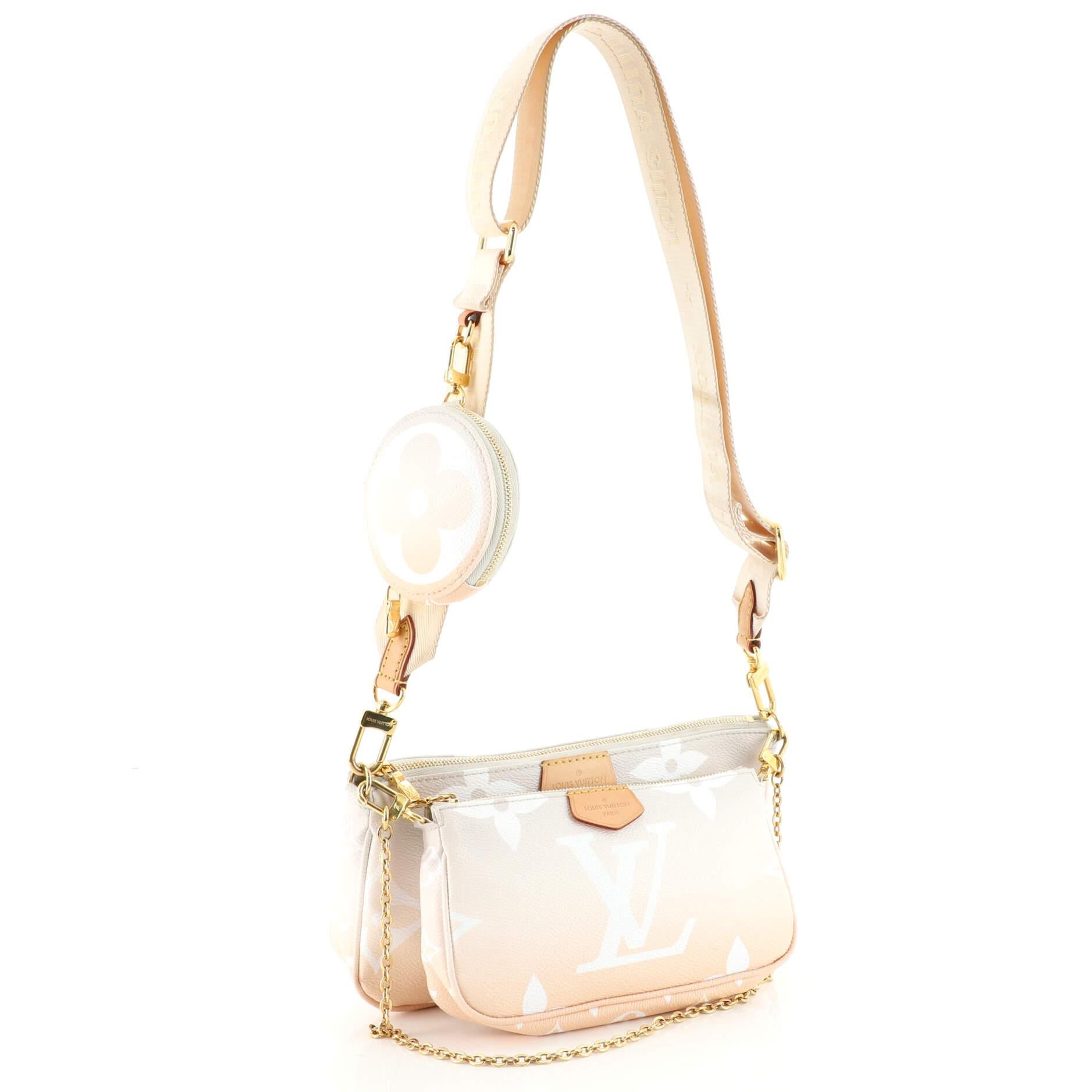 Condition: Very good. Odor in interior. Creasing on exterior, darkening, wear and watermarks on leather trims, wear and darkening on strap. Minor wear and marks in interior, scratches on hardware.
Accessories: Pochette, Extra Bag, Extra Strap, With