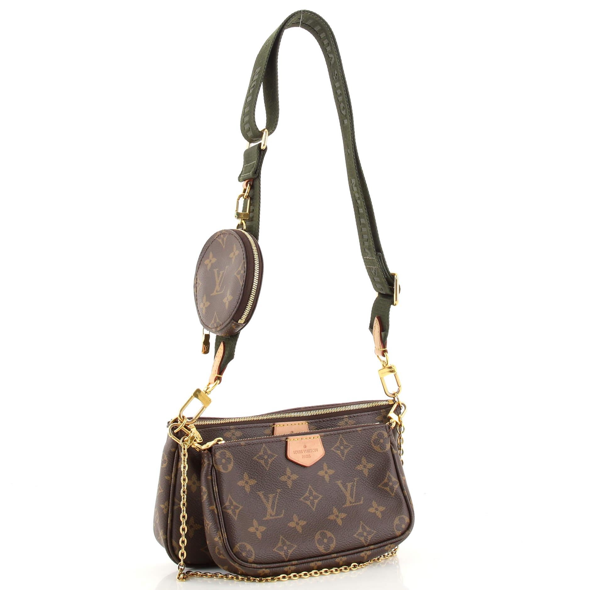 Condition: Good. Creasing on exterior, wear on exterior edges. Minor watermarks on leather trims, splitting and fraying on strap base, peeling, pilling and splitting on pochette wax edges, marks in interior, scratches and discoloration on