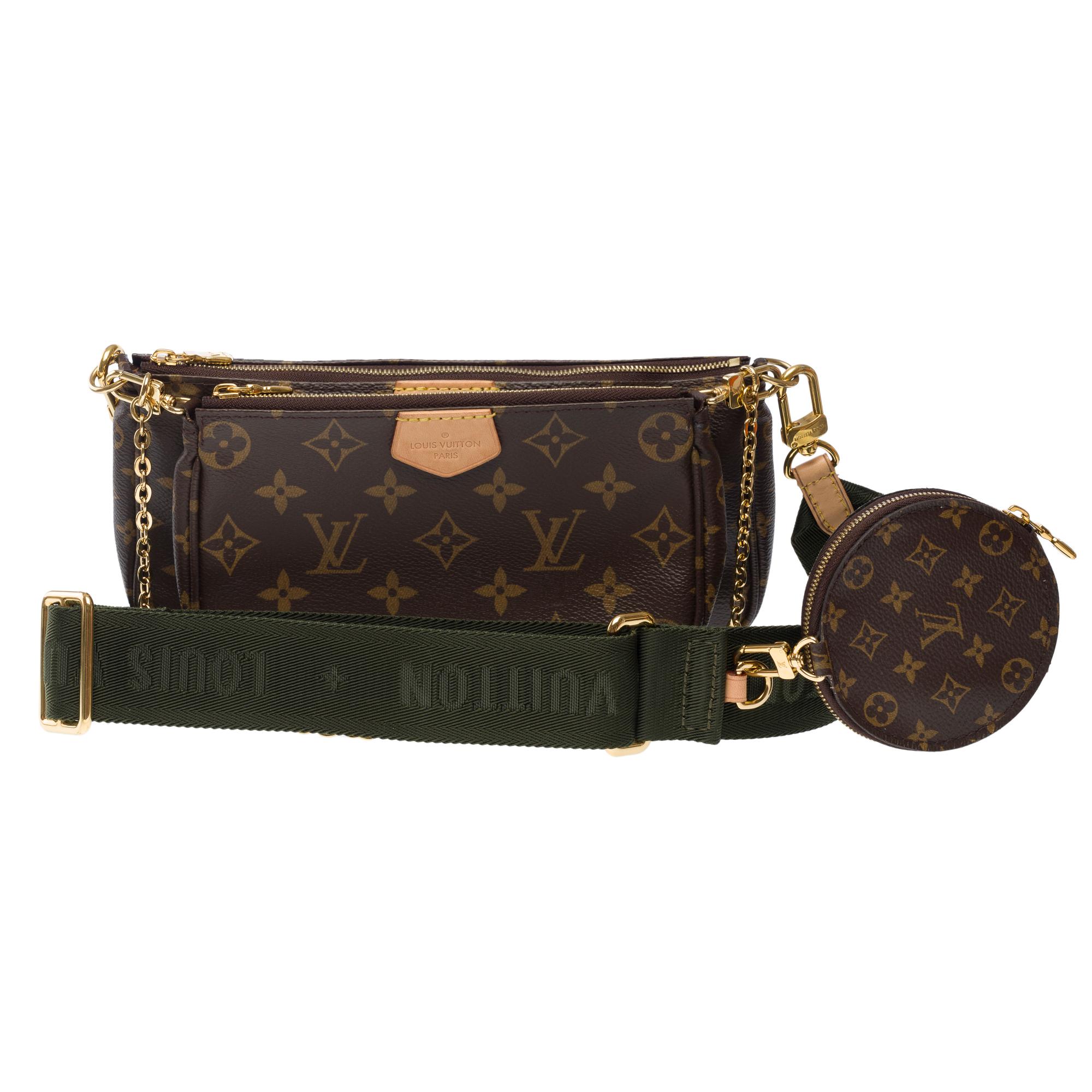 Monogram Leinwand Umhängetasche Louis Vuitton Hybrid. Diese Multitasche kombiniert eine Zubehörtasche, eine Mini-Zubehörtasche und eine runde Geldbörse. Es hat eine abnehmbare Kette und einen Schultergurt in Jacquard unterzeichnet Louis Vuitton