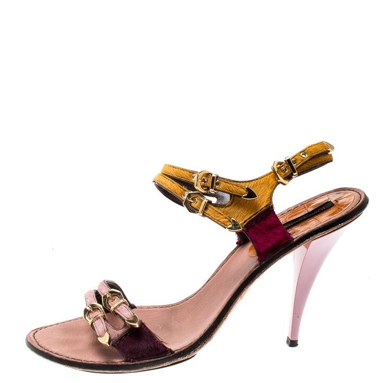 Louis Vuitton Multicolor Calf Hair Buckle Ankle Strap Sandals Size 38.5 For Sale at 1stdibs