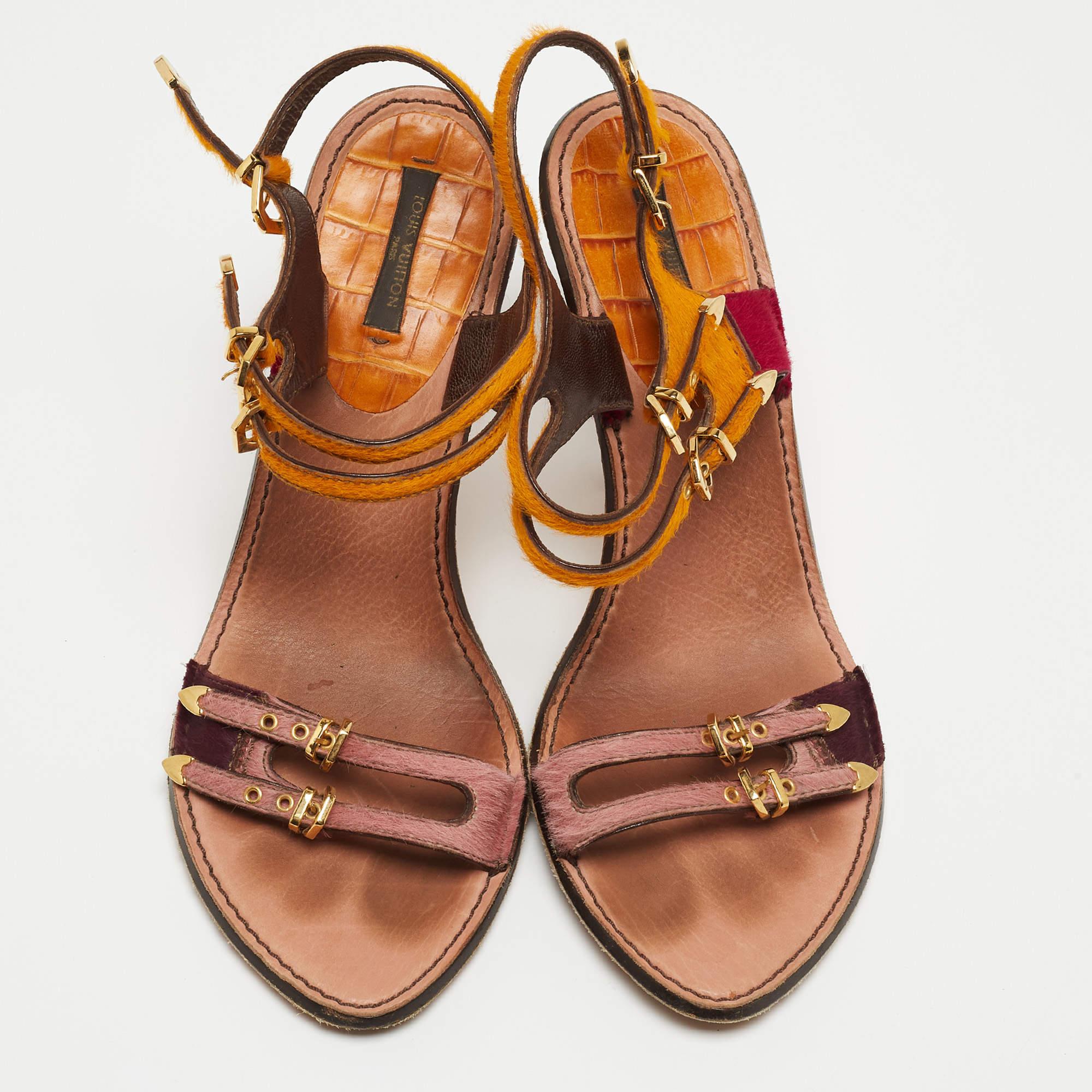 Brown Louis Vuitton Multicolor Calf Hair Buckle Detail Strappy Sandals Size 40