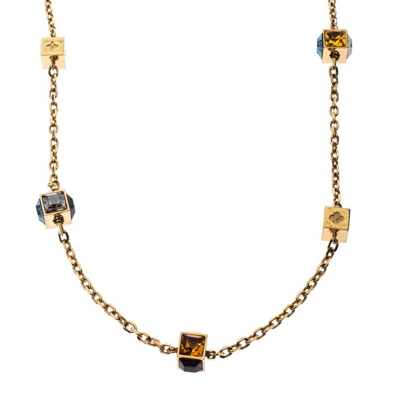 Contemporary Louis Vuitton Multicolor Crystal Gold Tone Gamble Station Layered Necklace