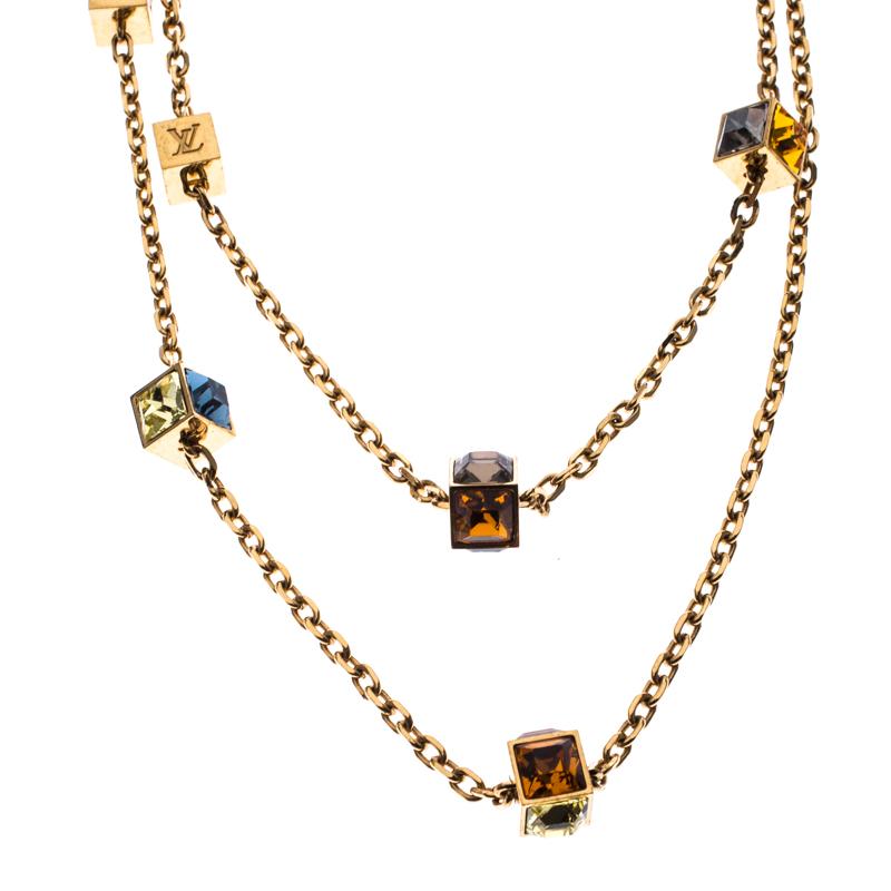 Louis Vuitton Multicolor Crystal Gold Tone Gamble Station Layered Necklace In Good Condition In Dubai, Al Qouz 2