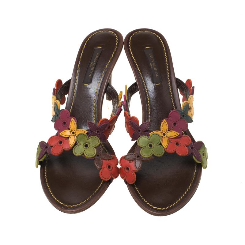 Brown Louis Vuitton Multicolor Floral Leather Slip On Sandals Size 37.5