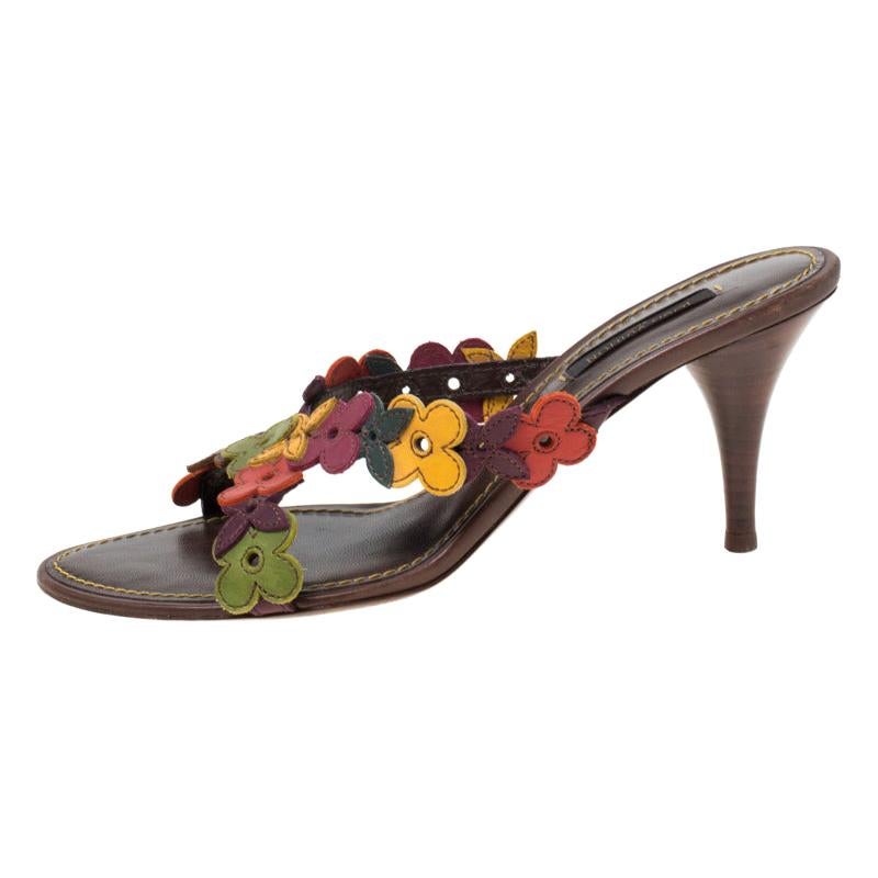 Louis Vuitton Multicolor Floral Leather Slip On Sandals Size 37.5