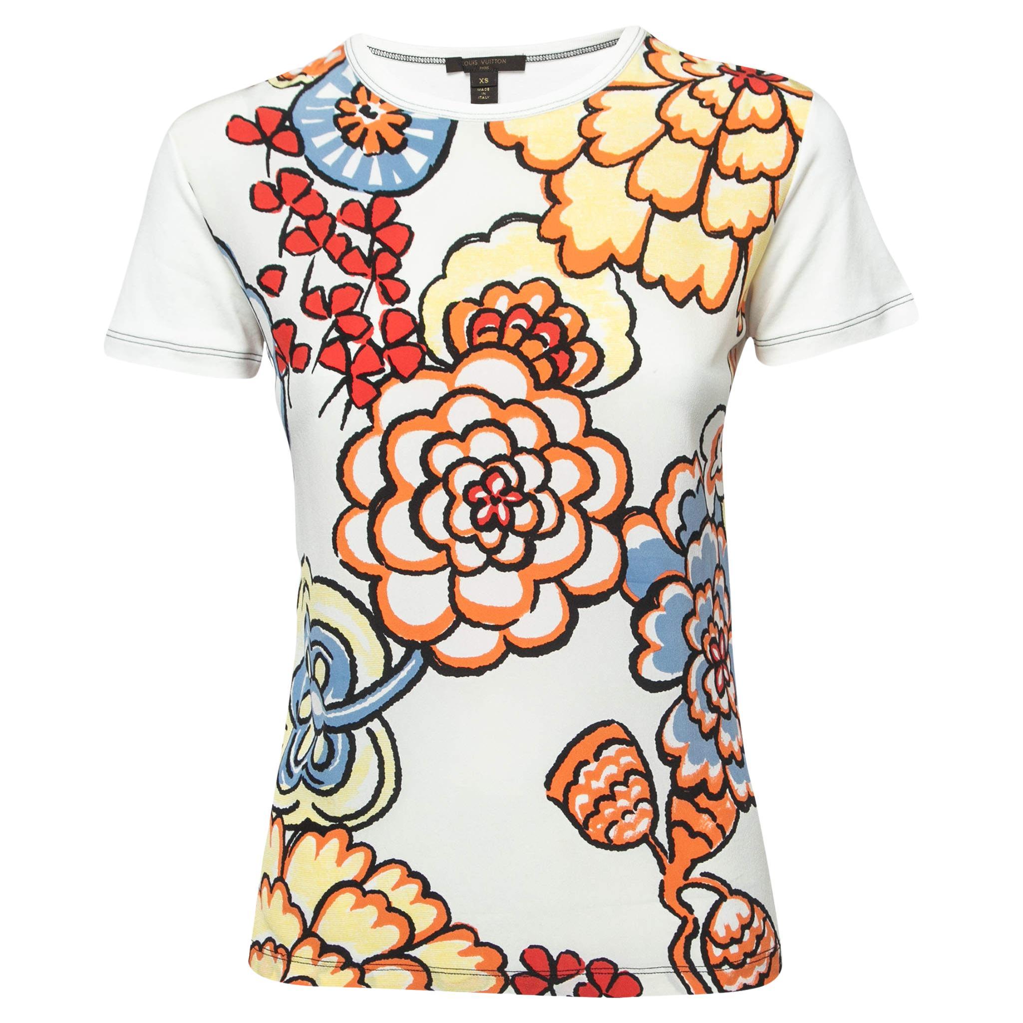 Louis Vuitton Multicolor Floral Print Silk & Cotton Short Sleeve T-Shirt XS For Sale