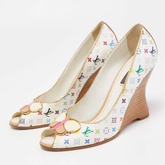Louis Vuitton Multicolor Leather Peep Toe Wedge Pumps Size 38