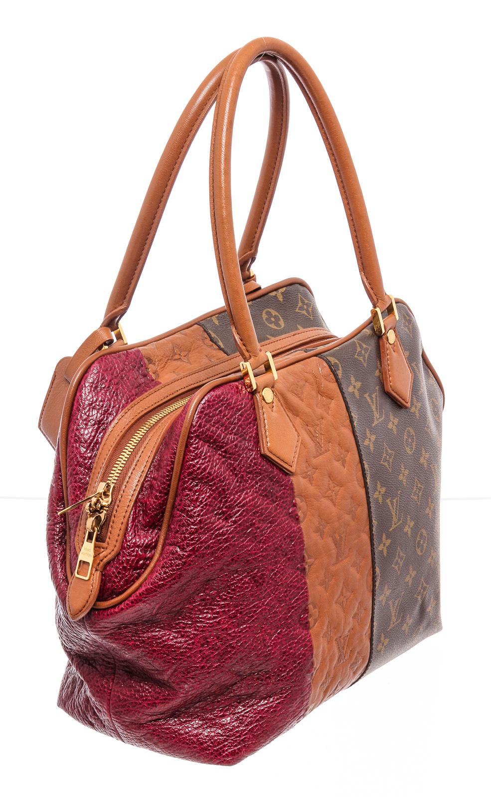 Brown, maroon and multicolor monogram coated canvas and leather Louis Vuitton Medium Blocks tote with brass hardware, dual rolled shoulder straps, protective feet at base, brown and multicolor striped woven lining, single zip pocket at interior wall