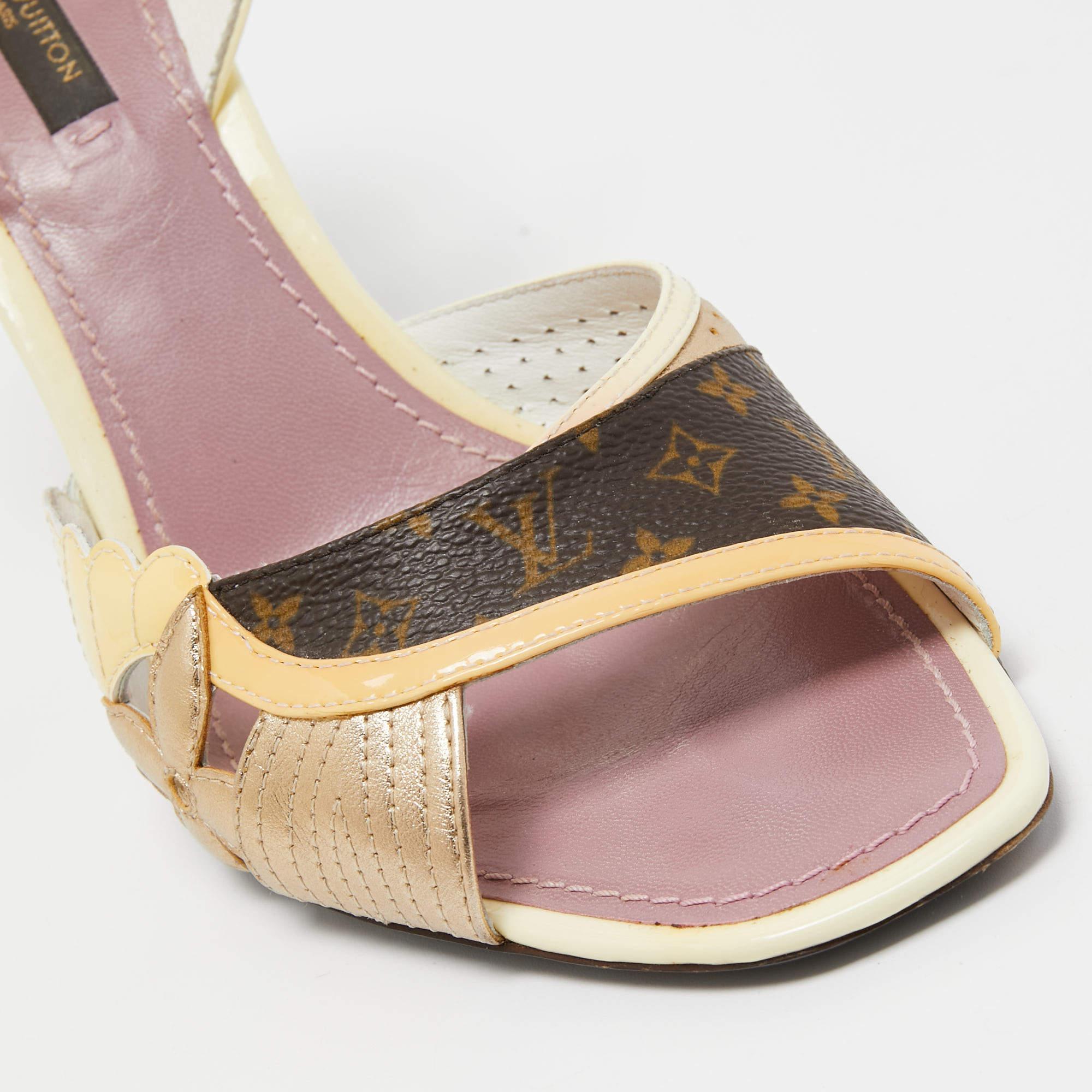 Louis Vuitton Mehrfarbige Slingback-Sandalen aus Lack und Segeltuch Größe 37,5 Damen im Angebot