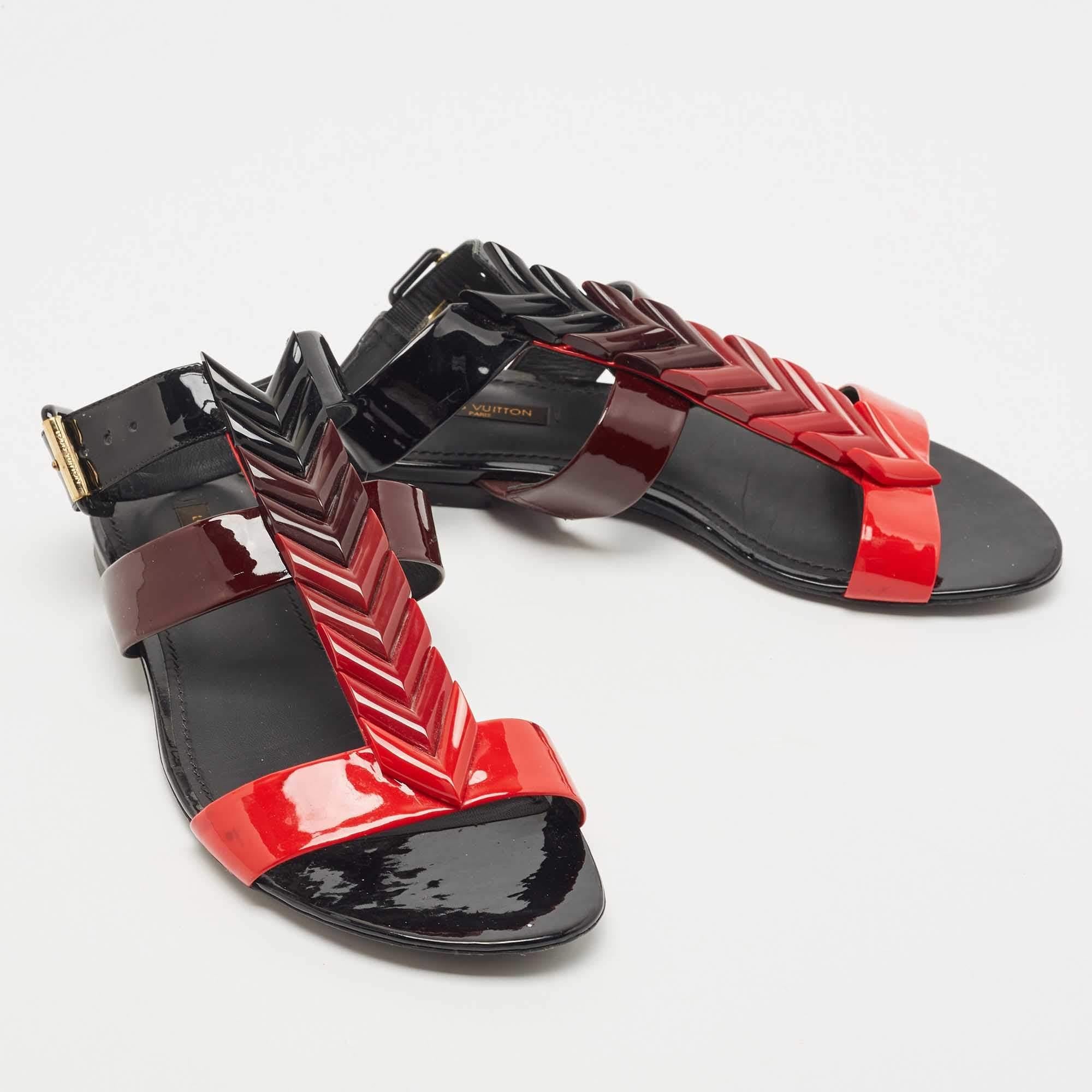 Black Louis Vuitton Multicolor Patent Leather Ankle Strap Flat Sandals Size 37.5