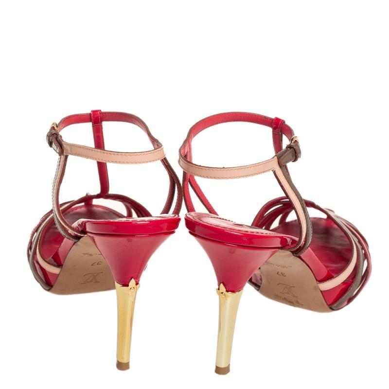 Red Louis Vuitton Multicolor Patent Leather Platform T Strap Sandals Size 37