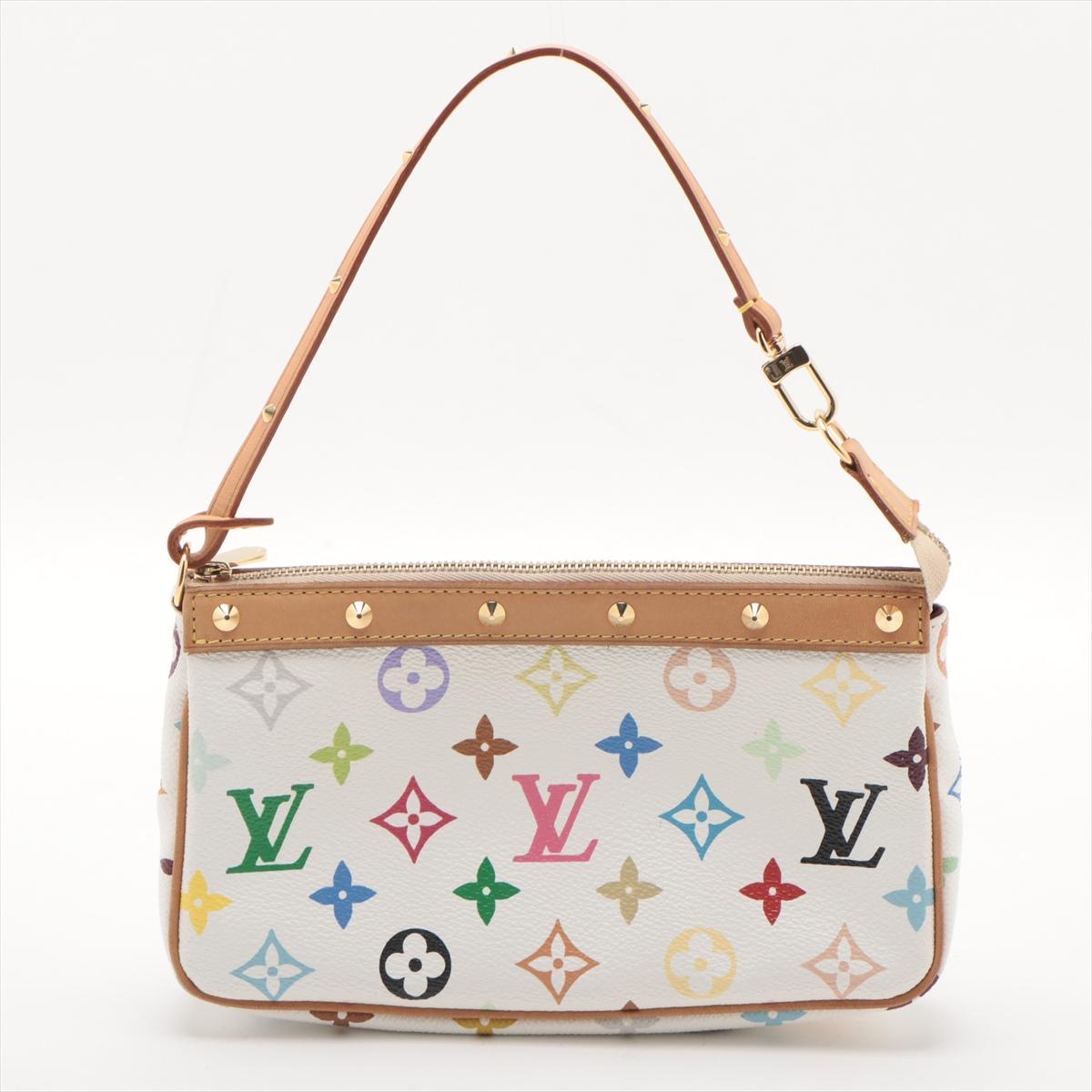 The Louis Vuitton Multicolor Pochette Accessoire in White is a whimsical and vibrant accessory that radiates playful charm. Adorned with the iconic Monogram Multicolore canvas, the petite pochette showcases a lively assortment of colors against a