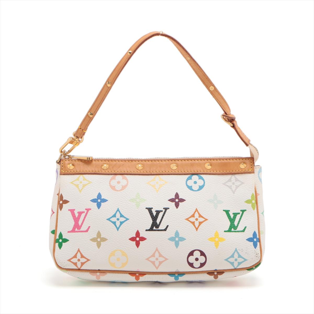 The Louis Vuitton Multicolor Pochette Accessoire in White is a whimsical and vibrant accessory that radiates playful charm. Adorned with the iconic Monogram Multicolore canvas, the petite pochette showcases a lively assortment of colors against a