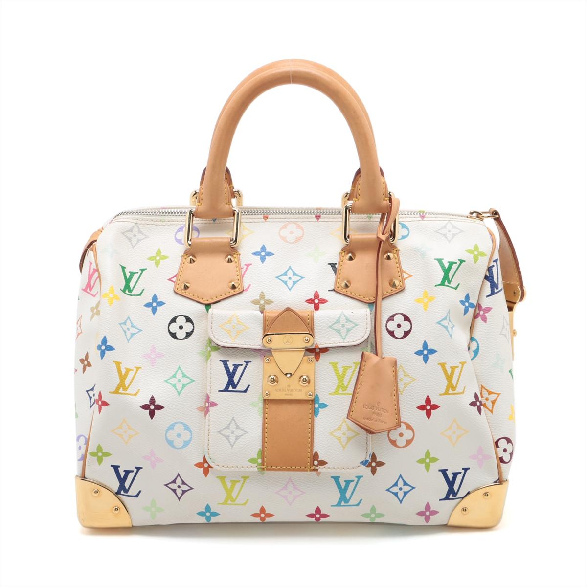The Louis Vuitton Multicolor Speedy 30 in White is a dazzling and iconic handbag that seamlessly blends luxury and contemporary flair. Crafted from the brand's distinctive Monogram Multicolore canvas, the bag features a striking combination of