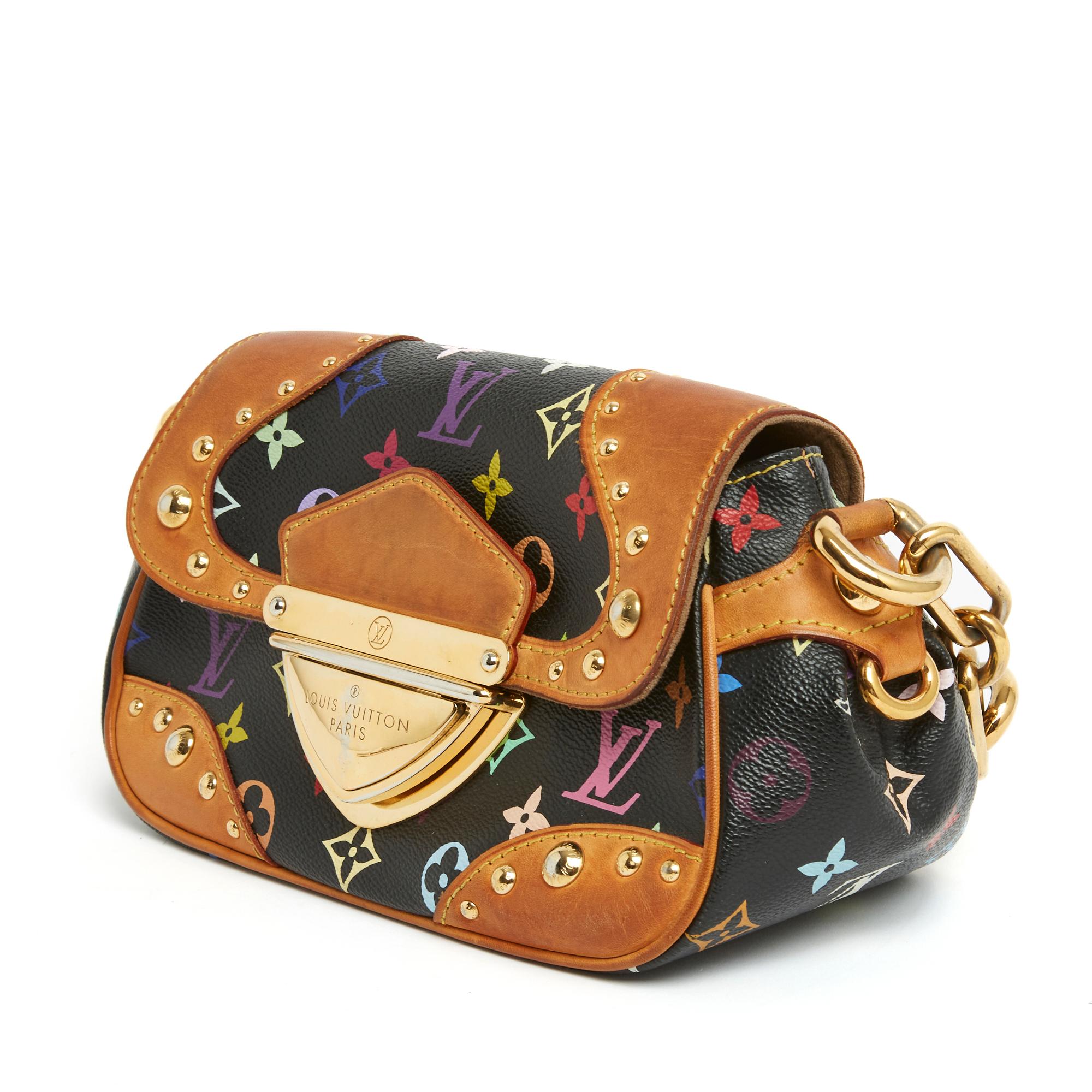 Louis Vuitton Marilyn bag by Murakami in black Monogram canvas with colorful patterns, natural leather inserts on the flap, sides and piping around the bag, beige suede interior with a patch pocket, flap closed with a large gold metal buckle signed