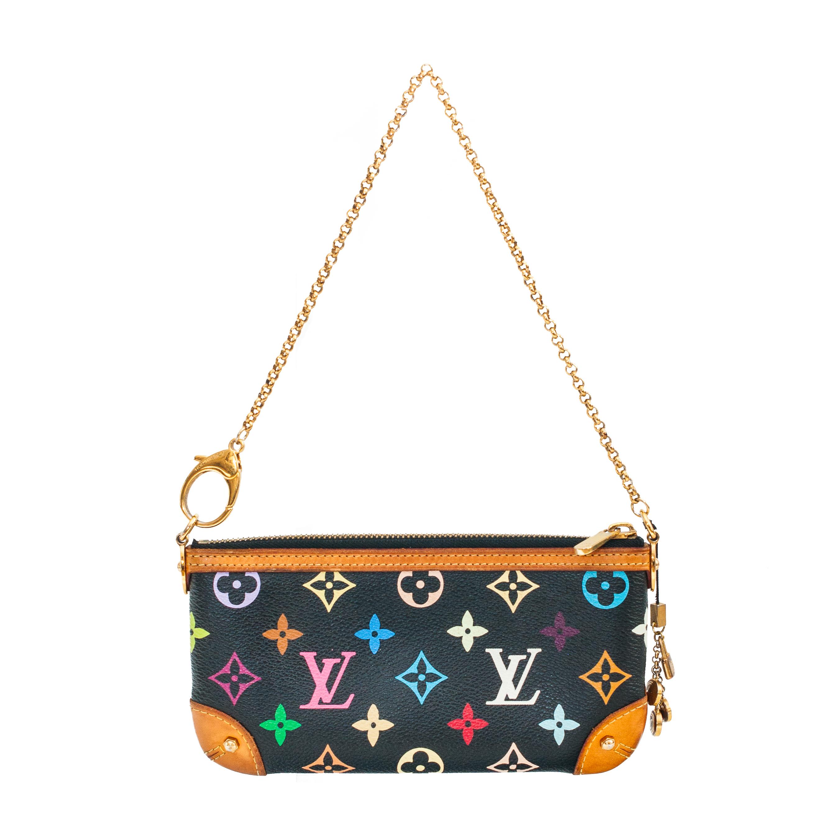 Black multicolour Murakami monogram Milla chain shoulder bag from 2011.

Pochette style bag with gold-toned chain strap.

Multicolour Takeshi Murakami monogram on black grain.

Gold-toned hardware.

Signature Vachetta leather corners and