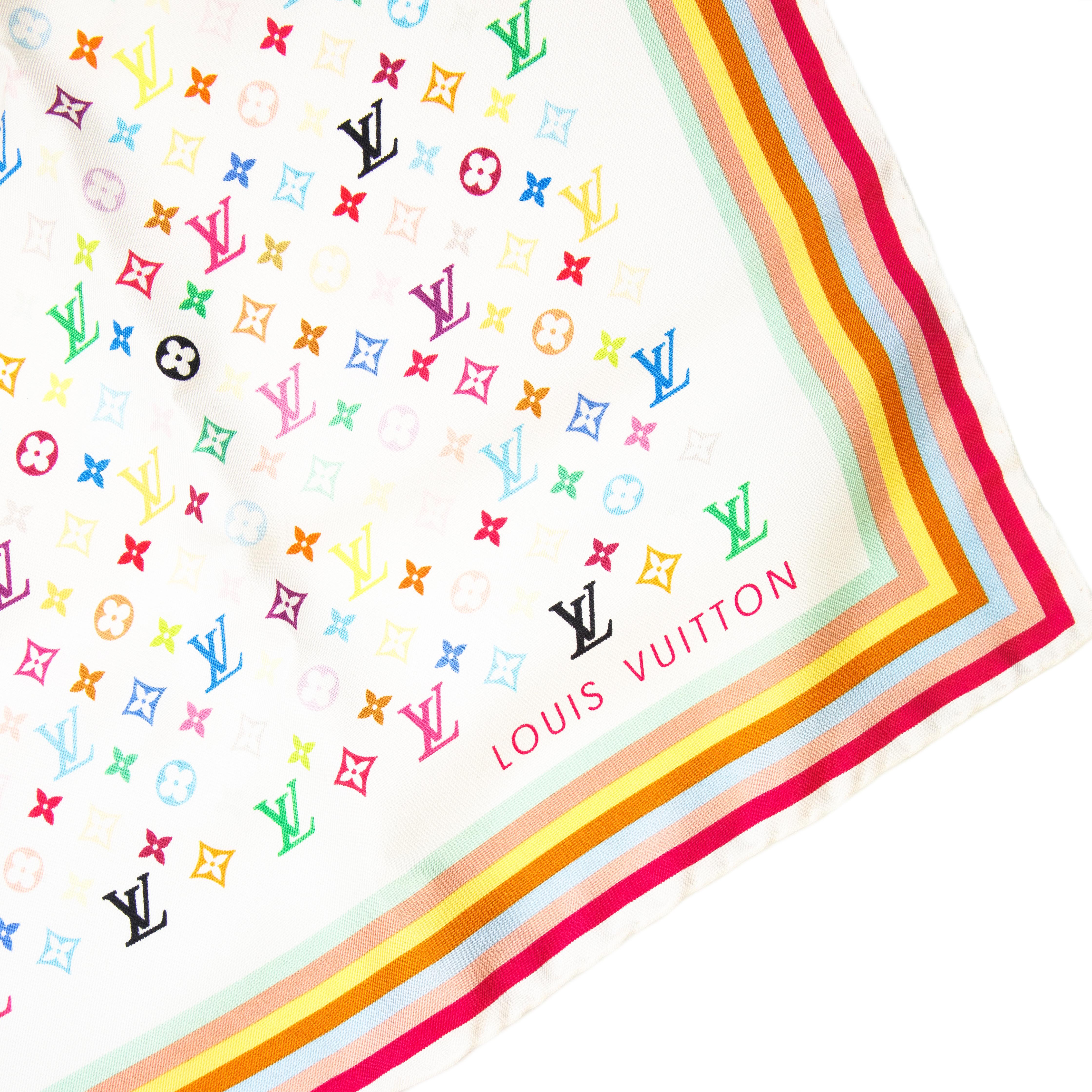 Ruder Than The Rest presents a Louis Vuitton Takeshi Murakami multicolour monogram silk square scarf designed by Marc Jacobs.

50 shades of monogram on white silk.

Multicolour border edge.

Vintage, circa 2007.

Made in Italy.

Authenticity