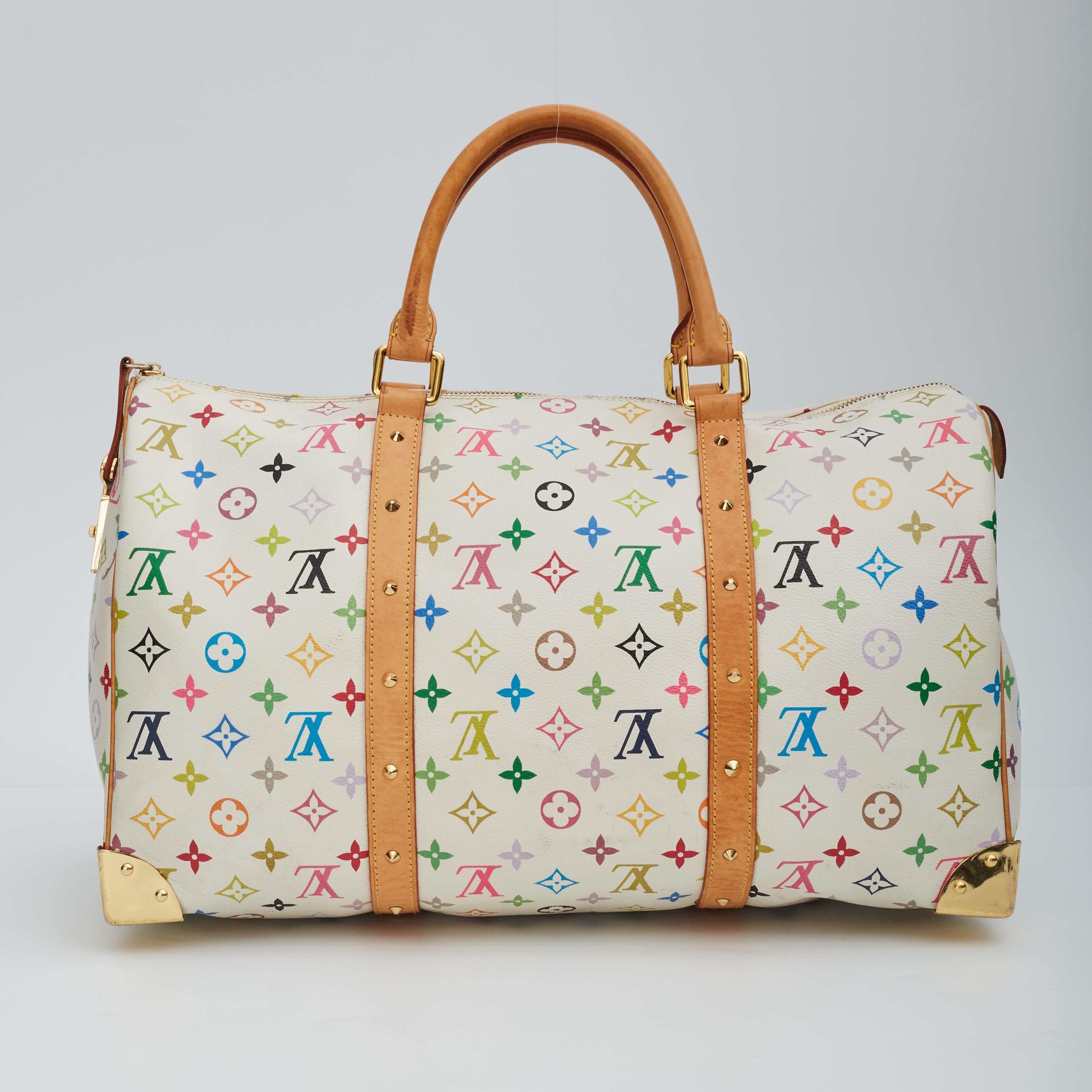 The Japanese pop artist Takashi Murakami worked to revamp the traditional monogram toile and give it a splash of colour. He created a new vibrant canvas with 33 colours on white canvas as seen in this Keepall bag.

This bag is made with white canvas