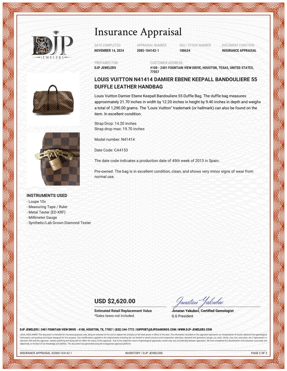 Louis Vuitton N41414 Damier Ebene Keepall Bandouliere 55 Duffle Leather Handbag 5